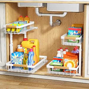 Organizador para debajo del fregadero, 2 organizadores debajo del fregadero y cesta de almacenamiento, estante de metal deslizante de 2 niveles, cajones organizadores para cocina, baño, despensa,