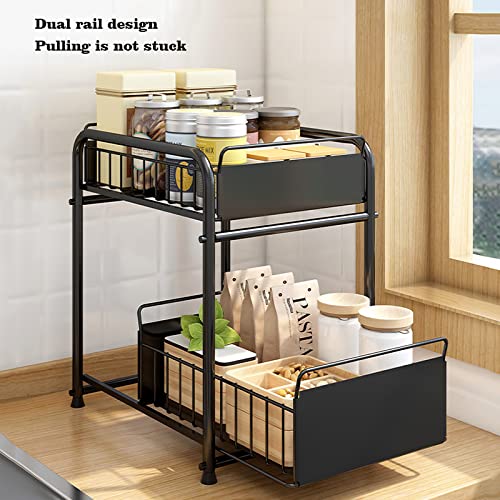 Organizador debajo del fregadero de 2 niveles con cajón de almacenamiento deslizante, estante extraíble para cocina y baño, cajón de alambre resistente, capacidad de carga de 25 kg, solución de