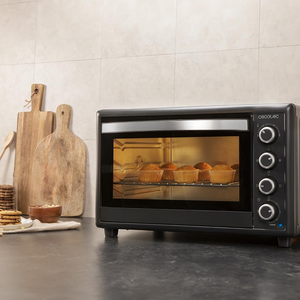 **Cecotec Horno de Convección de Sobremesa 60 Litros Bake\&Toast 6090 Black Gyro – 2200 W, Luz Interior, 12 Funciones, Temperatura hasta 230ºC, Puerta Doble Cristal, con Rustidor Giratorio