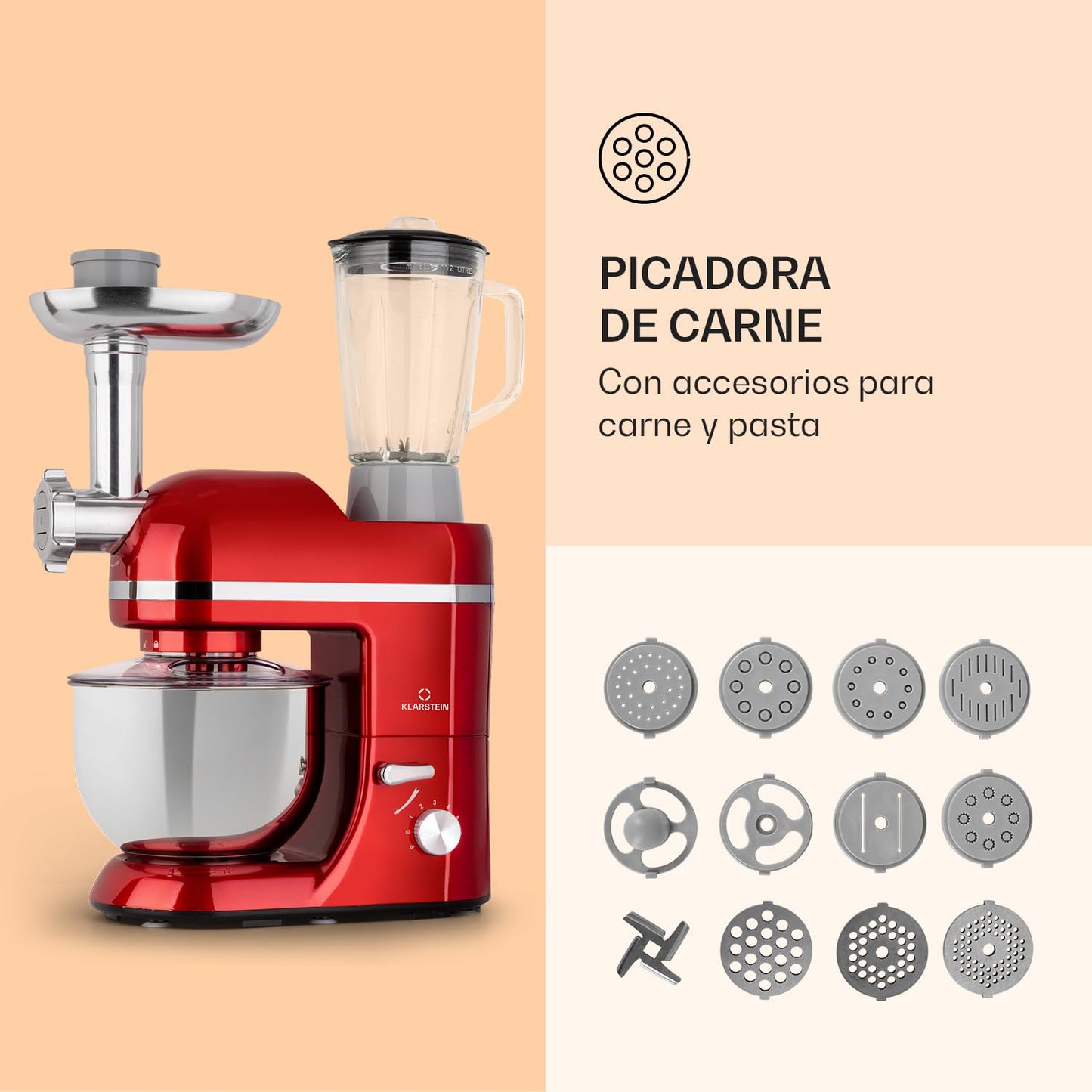 Klarstein Batidora Amasadora con Bol 5L para Hornear – Robot de Cocina 1800W con Picadora de Carne, Gancho y Bol para Mezclar, Licuadora 1,5L, 6 Velocidades para Postres y Panadería