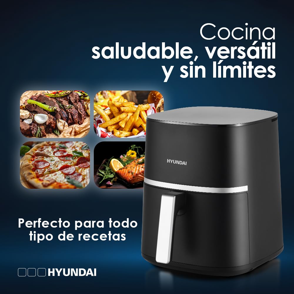 Hyundai Freidora de Aire sin Aceite 7 Litros, Air Fryer HAF7000D. 1800 W, 10 Programas, Negro
