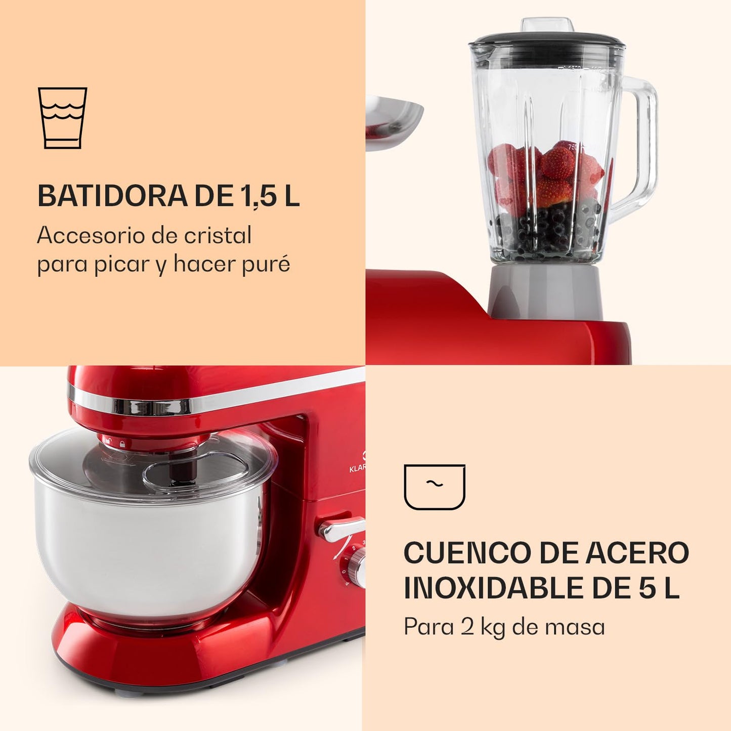 Klarstein Batidora Amasadora con Bol 5L para Hornear – Robot de Cocina 1800W con Picadora de Carne, Gancho y Bol para Mezclar, Licuadora 1,5L, 6 Velocidades para Postres y Panadería