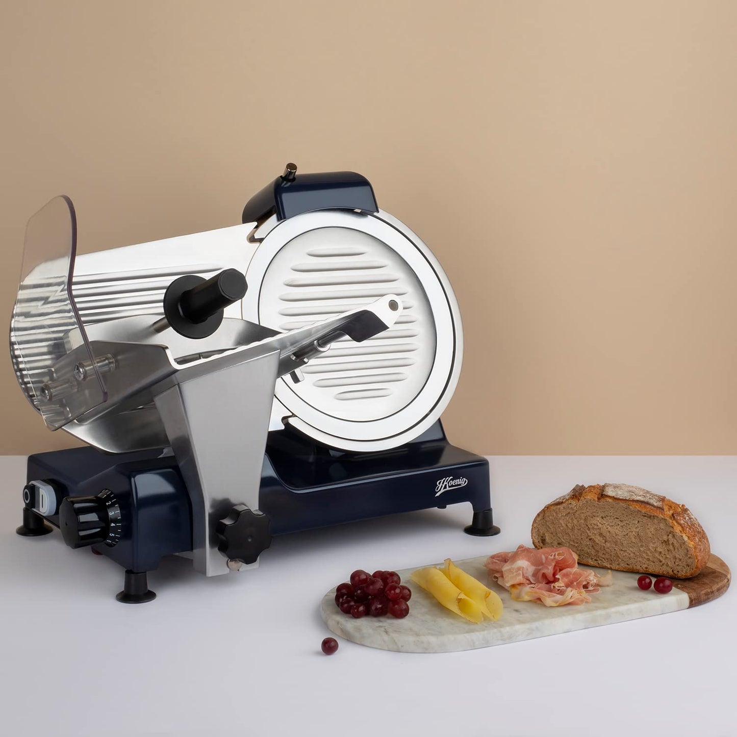 H.Koenig MSX256 Cortafiambres Eléctrico Profesional | Cuchilla 25 cm, Corte 0-12 mm, Afilador Integrado, 282 rpm, Superficie de Corte Grande – Azul