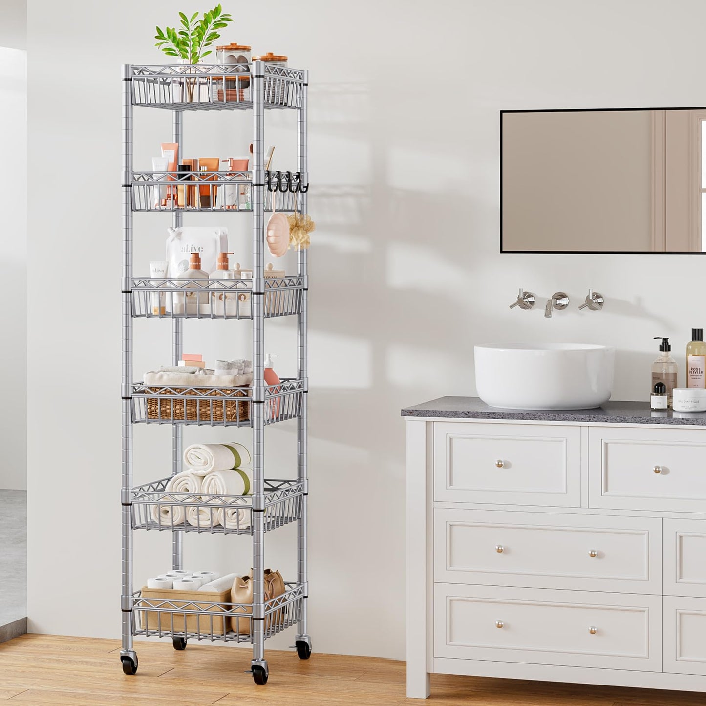 Uptyia Carrito Auxiliar de 6 Niveles con Ruedas,Carrito Auxiliar de Cocina con Cajones,Organizador Multifuncional de Cestas para Frutas y Verduras, para Cocina, Baño y Sala de Estar,Plata,34×34×156cm