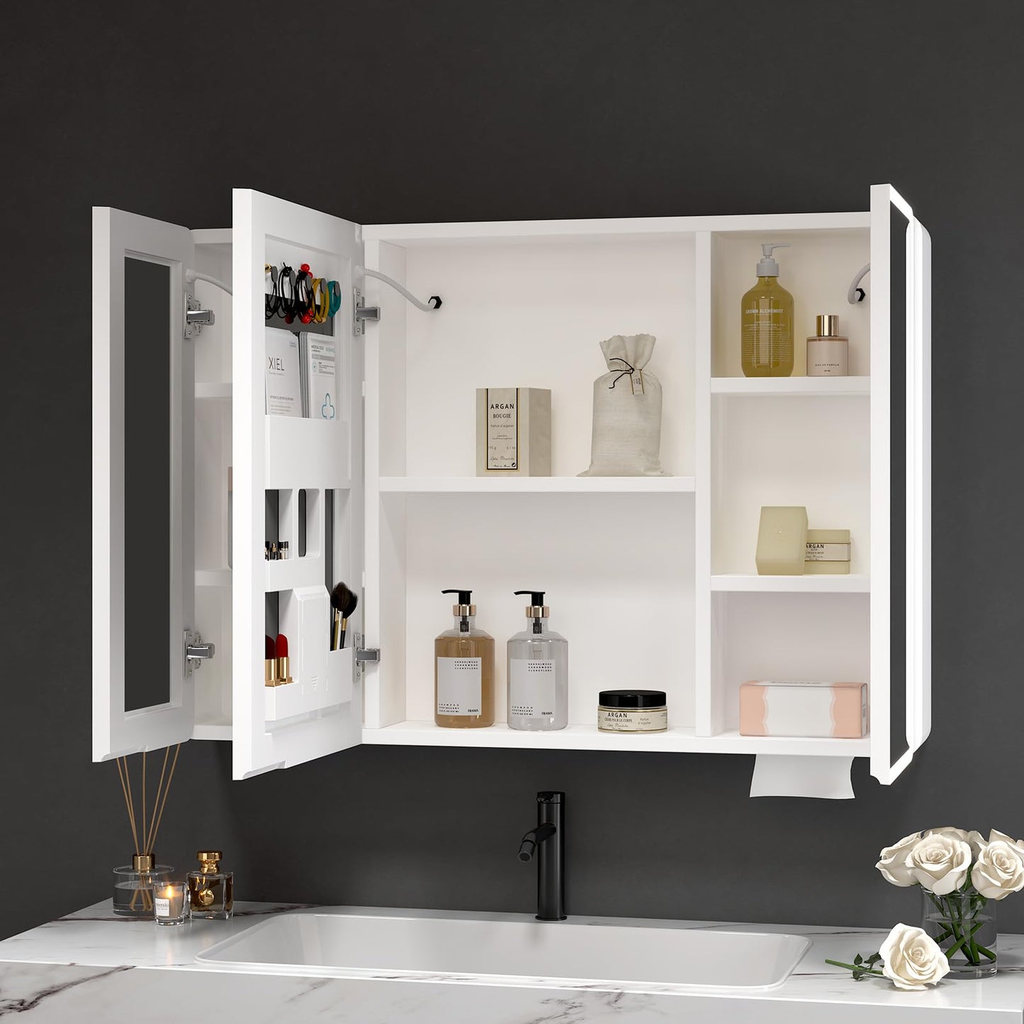Aovquof Armario con espejo con iluminación – 90 × 70 cm armario con espejo de baño con espacio de almacenamiento, armario con espejo de baño con luces LED regulables regulables con función demist,
