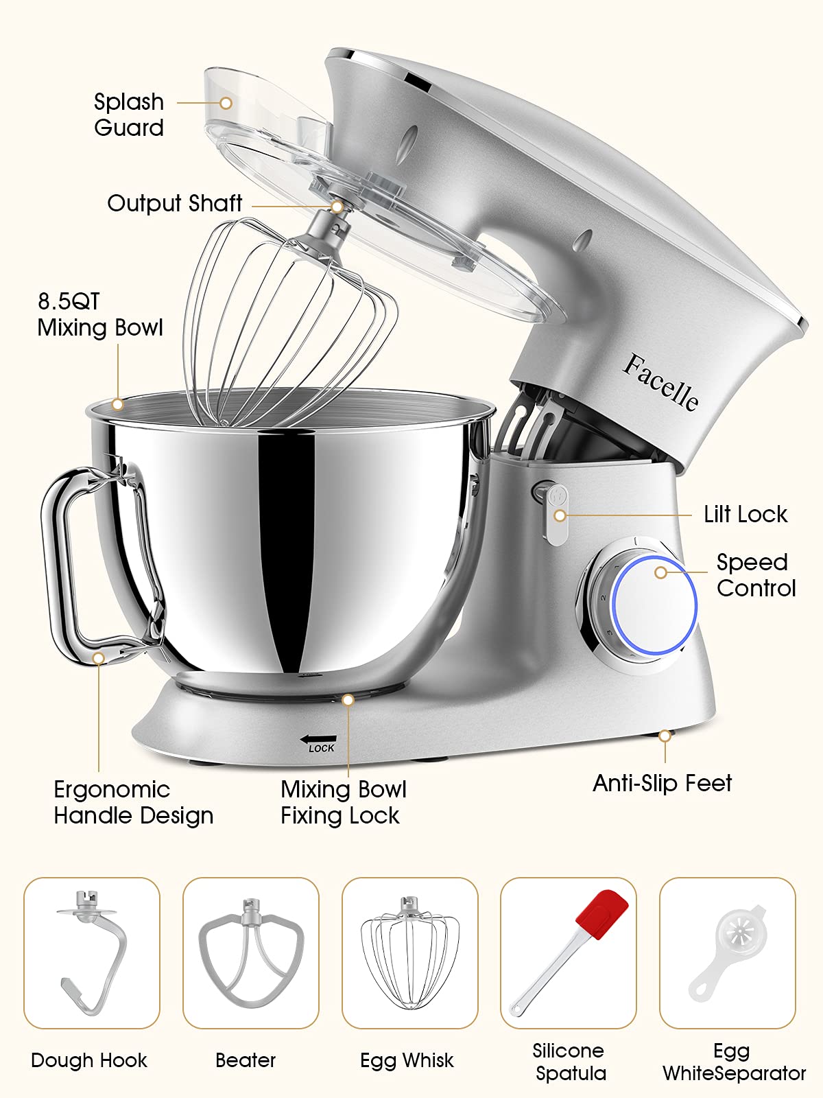 Facelle Batidora Amasadora Profesional 8.5L 2000W | Robot de Cocina Silencioso con 6 Velocidades y Pulso | Bol de Acero Inoxidable | Ideal para Pan y Repostería