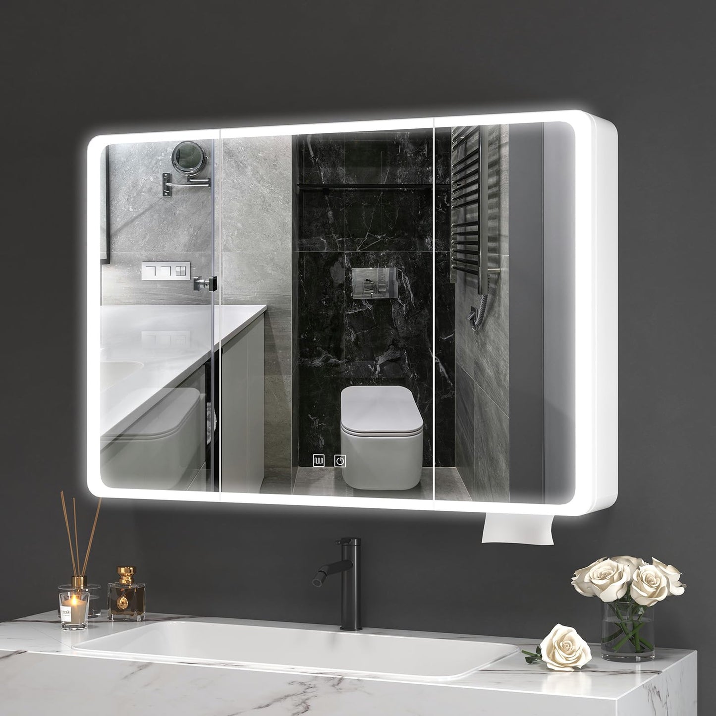 Aovquof Armario con espejo con iluminación – 90 × 70 cm armario con espejo de baño con espacio de almacenamiento, armario con espejo de baño con luces LED regulables regulables con función demist,