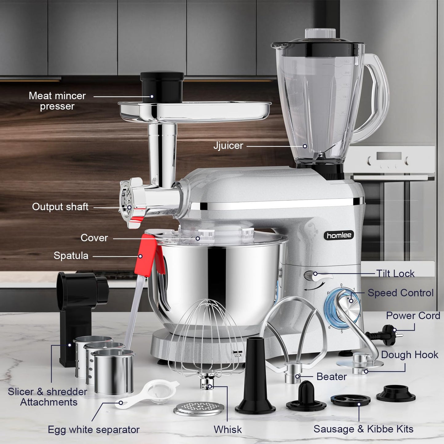 Homlee Robot de Cocina 3 en 1 con Picadora de Carne y Batidora – 2000W, Amasadora Multifunción, Cuenco de Acero Inoxidable 5.5L, Exprimidor 1.5L, 6 Niveles de Velocidad