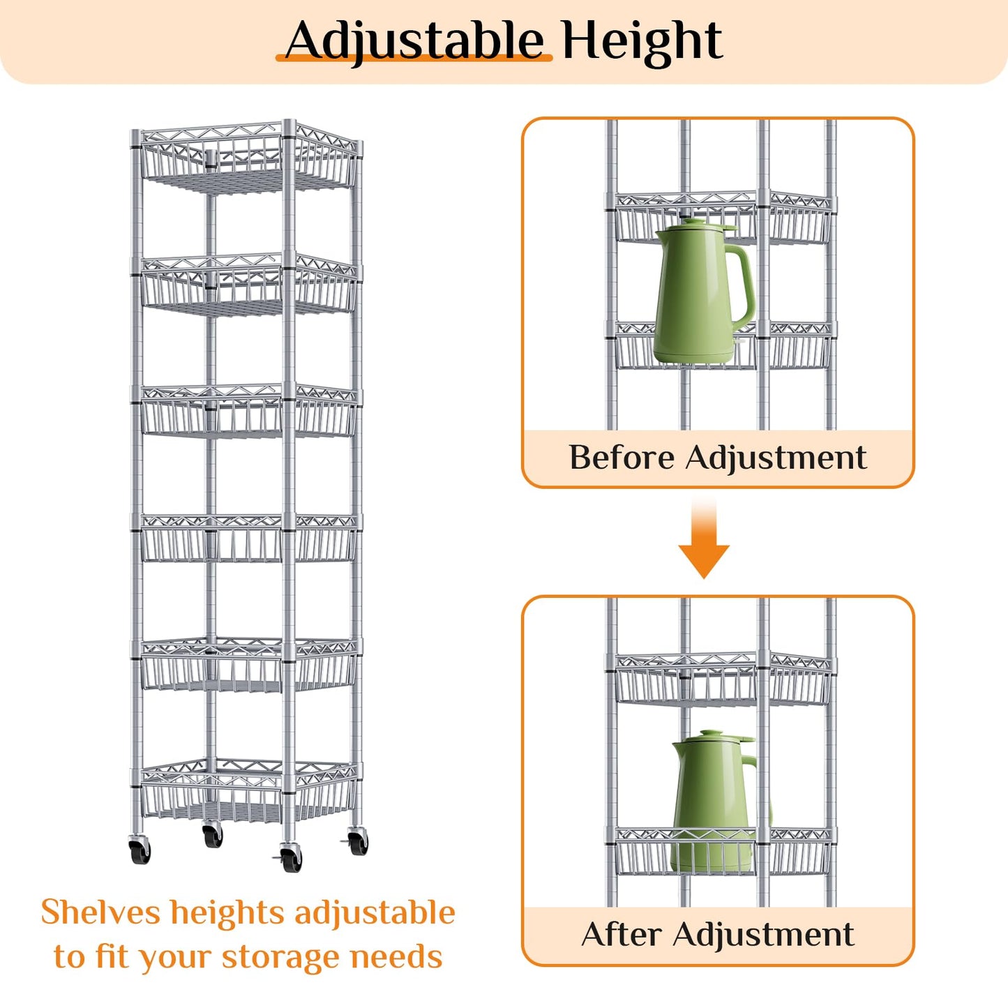 Uptyia Carrito Auxiliar de 6 Niveles con Ruedas,Carrito Auxiliar de Cocina con Cajones,Organizador Multifuncional de Cestas para Frutas y Verduras, para Cocina, Baño y Sala de Estar,Plata,34×34×156cm