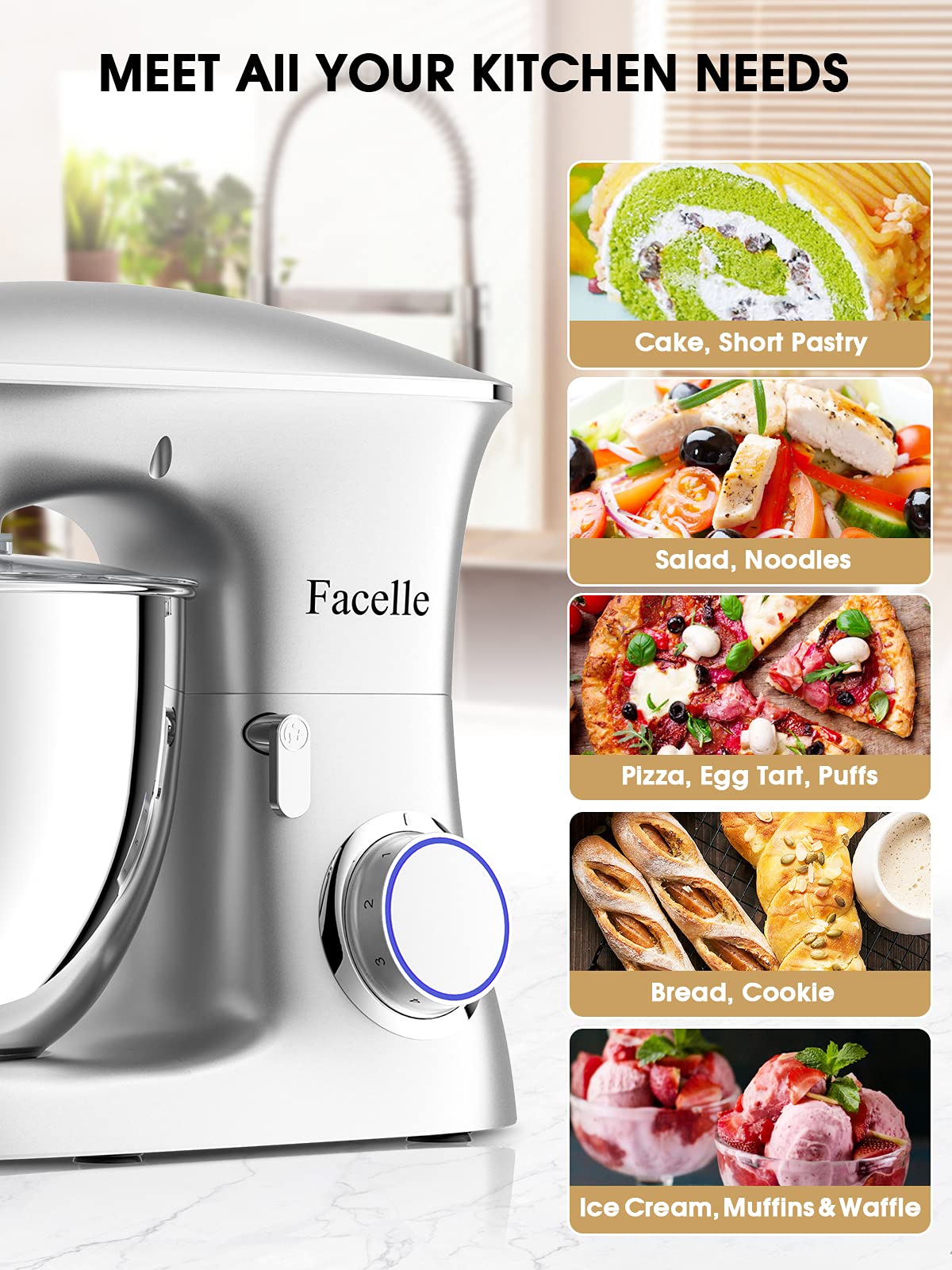 Facelle Batidora Amasadora Profesional 8.5L 2000W | Robot de Cocina Silencioso con 6 Velocidades y Pulso | Bol de Acero Inoxidable | Ideal para Pan y Repostería