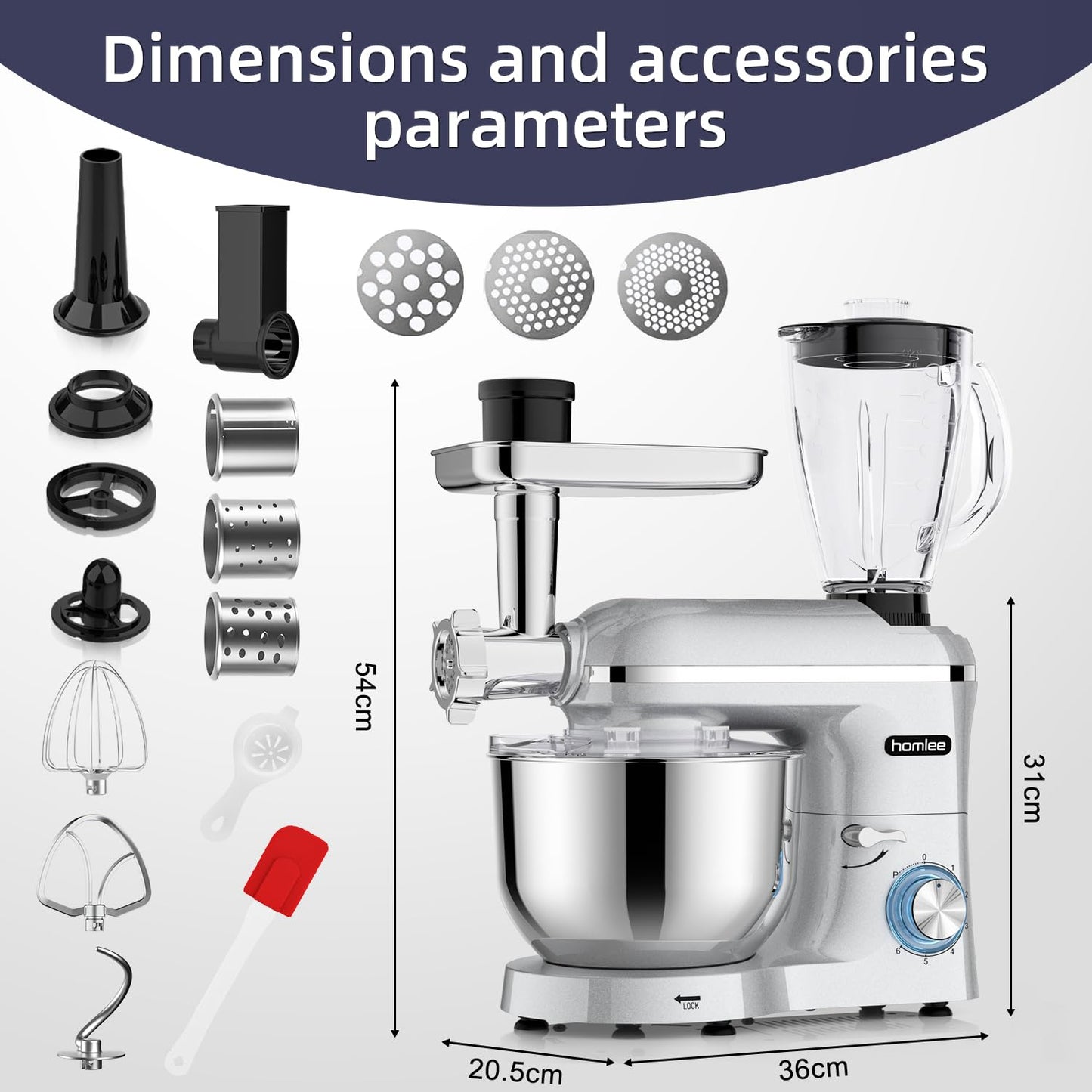 Homlee Robot de Cocina 3 en 1 con Picadora de Carne y Batidora – 2000W, Amasadora Multifunción, Cuenco de Acero Inoxidable 5.5L, Exprimidor 1.5L, 6 Niveles de Velocidad