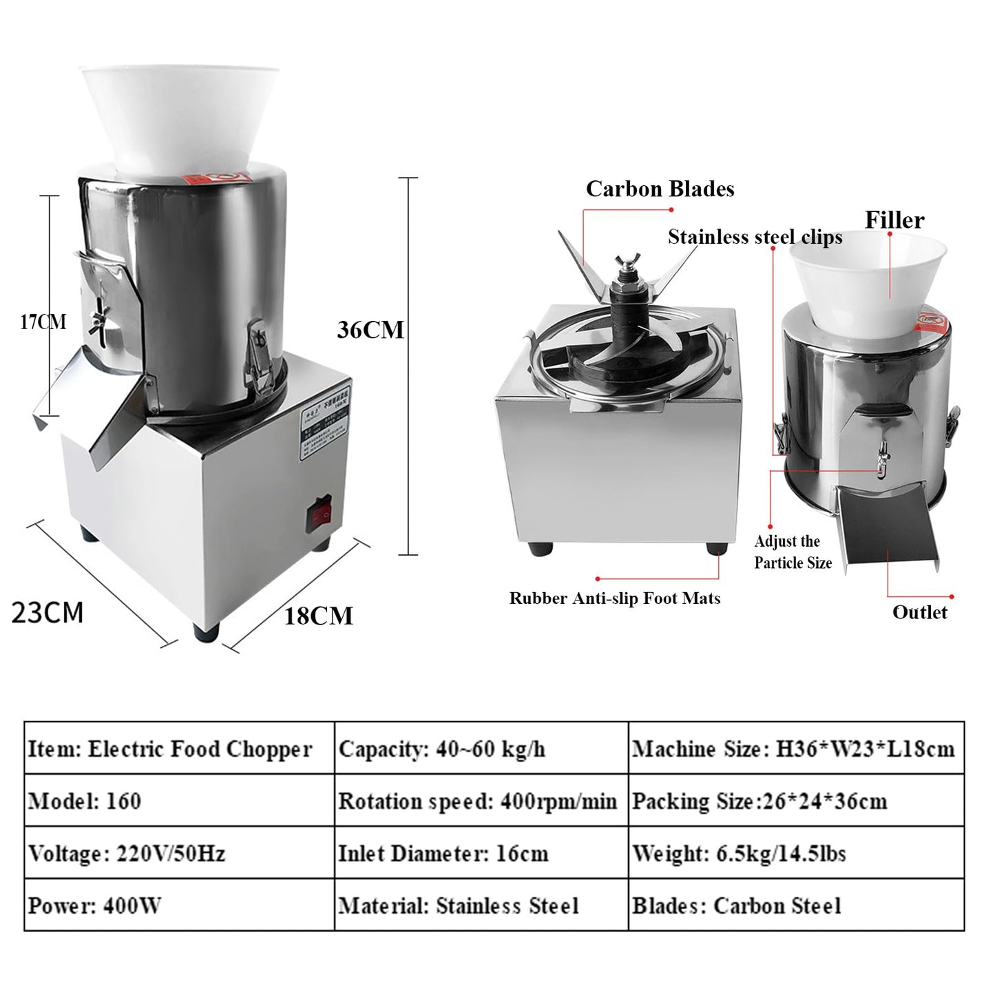 Picadora Eléctrica Profesional, Cortadora de Verduras y Picadora de Carne, Procesador de Alimentos en Acero Inoxidable, 400W, 220V, Capacidad 40-60 kg/h, Ideal para Restaurantes y Cocina Doméstica