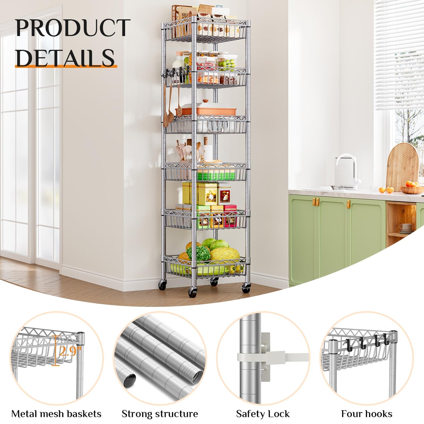Uptyia Carrito Auxiliar de 6 Niveles con Ruedas,Carrito Auxiliar de Cocina con Cajones,Organizador Multifuncional de Cestas para Frutas y Verduras, para Cocina, Baño y Sala de Estar,Plata,34×34×156cm