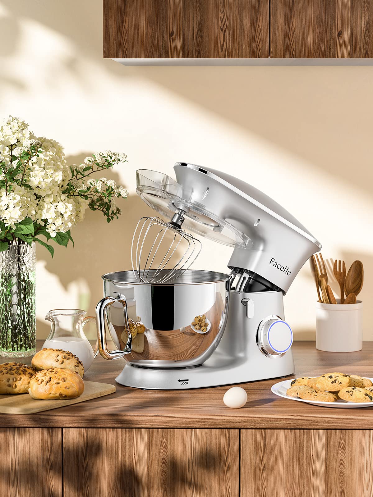 Facelle Batidora Amasadora Profesional 8.5L 2000W | Robot de Cocina Silencioso con 6 Velocidades y Pulso | Bol de Acero Inoxidable | Ideal para Pan y Repostería