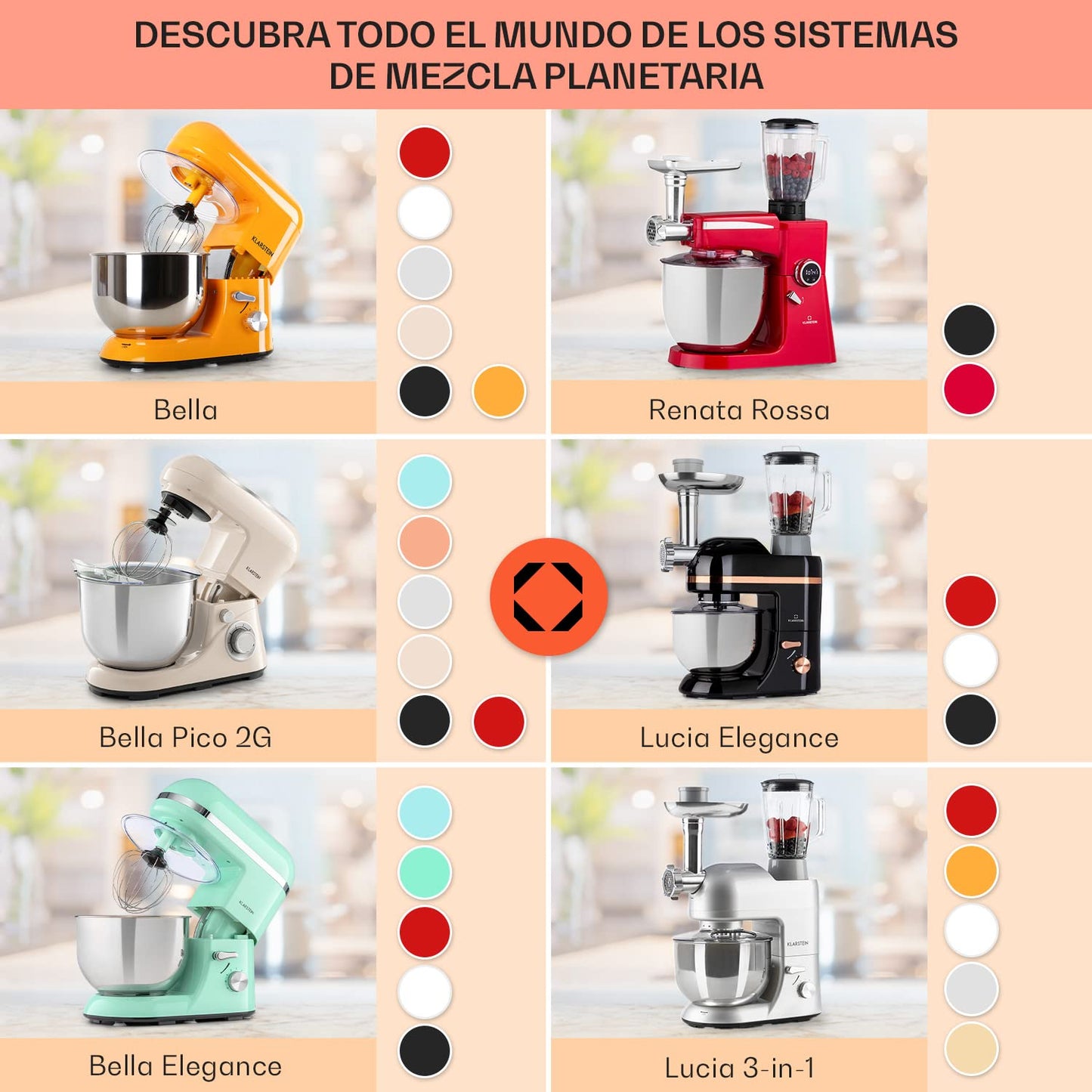 Klarstein Batidora Amasadora con Bol 5L para Hornear – Robot de Cocina 1800W con Picadora de Carne, Gancho y Bol para Mezclar, Licuadora 1,5L, 6 Velocidades para Postres y Panadería
