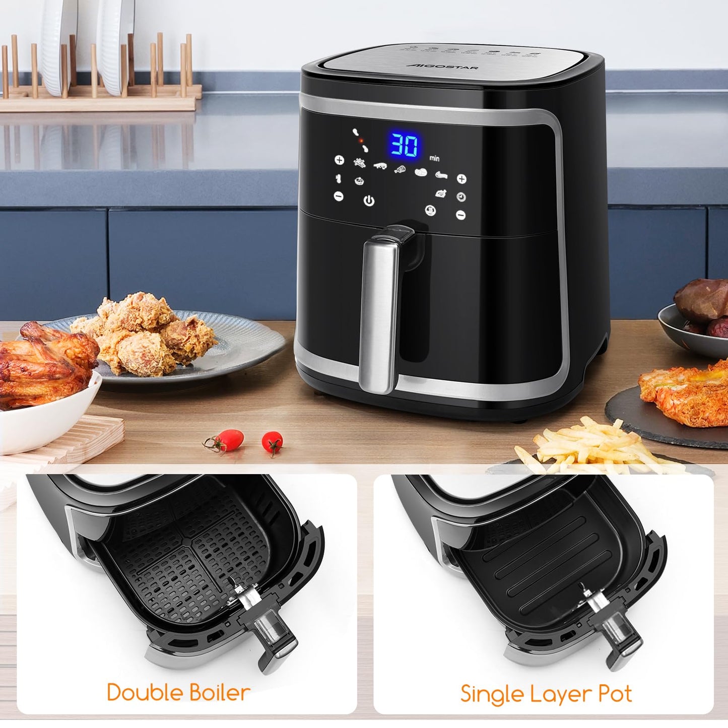 Freidora de Aire Aigostar Cube XXL - 7L, 1900W, Panel Táctil LED, 7 Programas, Libre de BPA
