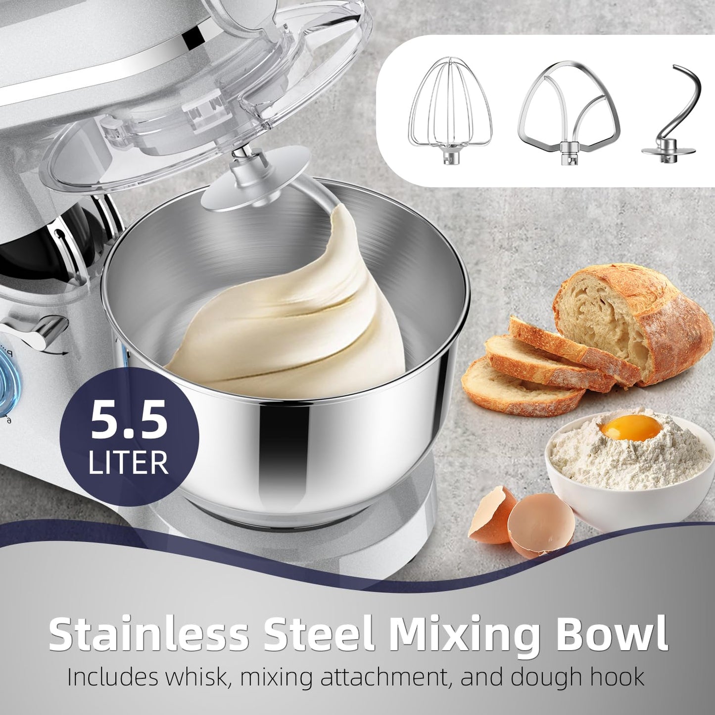 Homlee Robot de Cocina 3 en 1 con Picadora de Carne y Batidora – 2000W, Amasadora Multifunción, Cuenco de Acero Inoxidable 5.5L, Exprimidor 1.5L, 6 Niveles de Velocidad