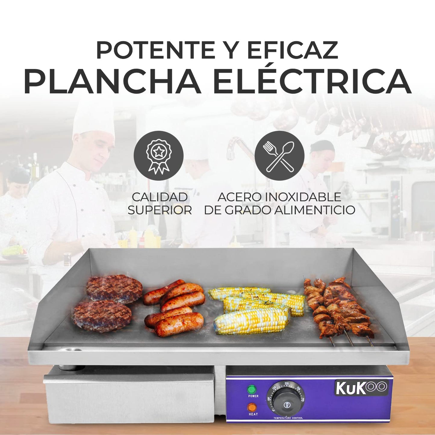 Plancha Profesional Antiadherente Eléctrica de 50cm de Acero Inoxidable Grill Parrilla de Asar Cocina Cocción Barbacoa BBQ+Protector contra Salpicaduras+Cajón Drenaje para Grasa+Termostato Ajustable