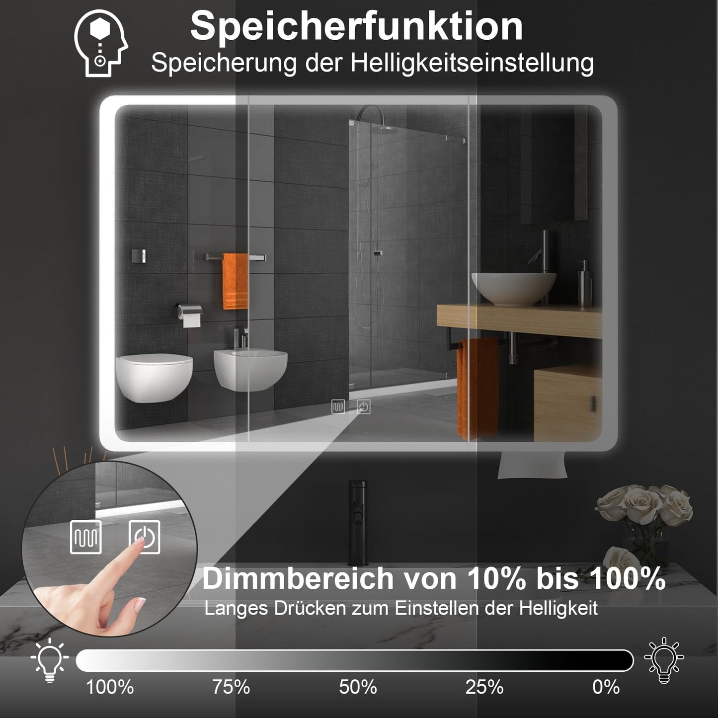Aovquof Armario con espejo con iluminación – 90 × 70 cm armario con espejo de baño con espacio de almacenamiento, armario con espejo de baño con luces LED regulables regulables con función demist,