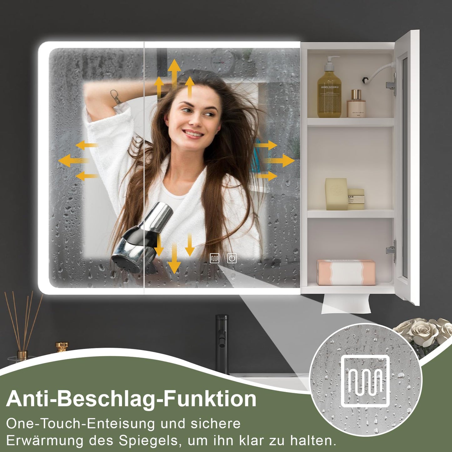 Aovquof Armario con espejo con iluminación – 90 × 70 cm armario con espejo de baño con espacio de almacenamiento, armario con espejo de baño con luces LED regulables regulables con función demist,