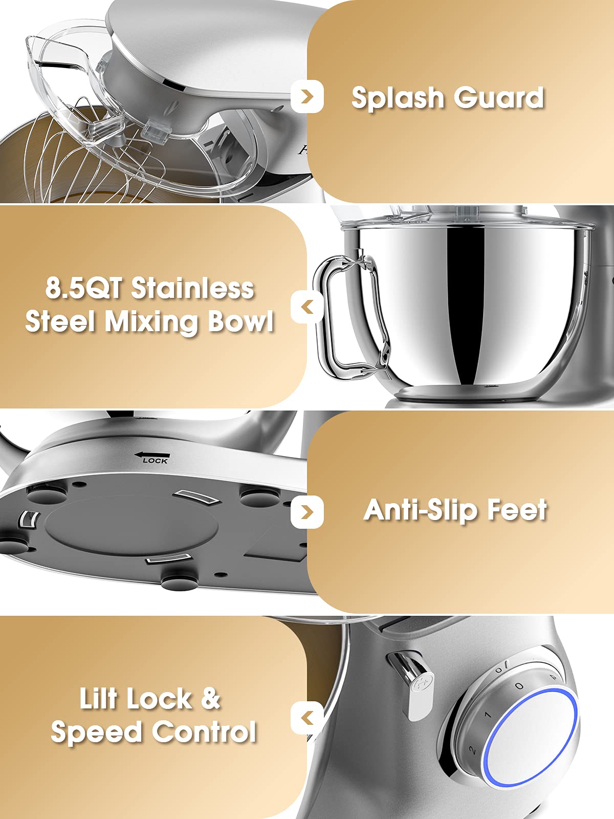 Facelle Batidora Amasadora Profesional 8.5L 2000W | Robot de Cocina Silencioso con 6 Velocidades y Pulso | Bol de Acero Inoxidable | Ideal para Pan y Repostería