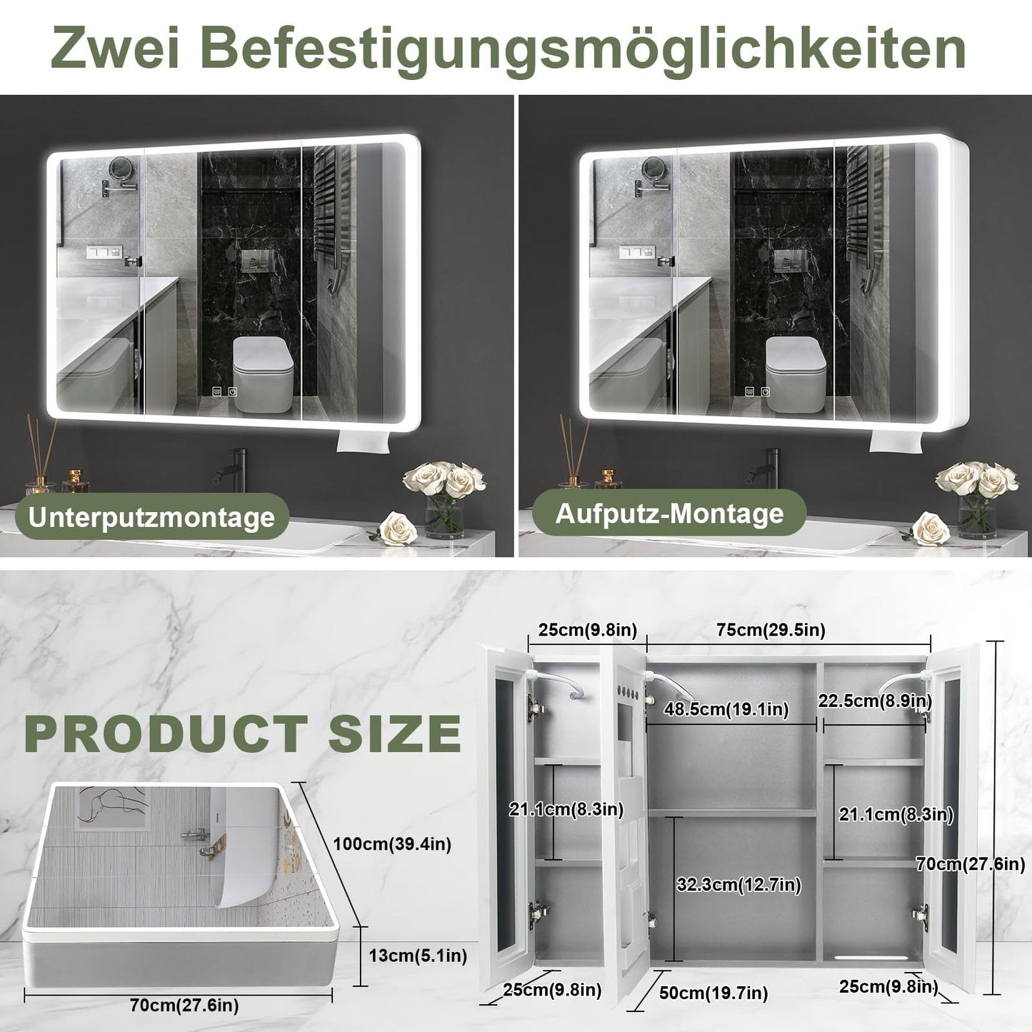 Aovquof Armario con espejo con iluminación – 90 × 70 cm armario con espejo de baño con espacio de almacenamiento, armario con espejo de baño con luces LED regulables regulables con función demist,