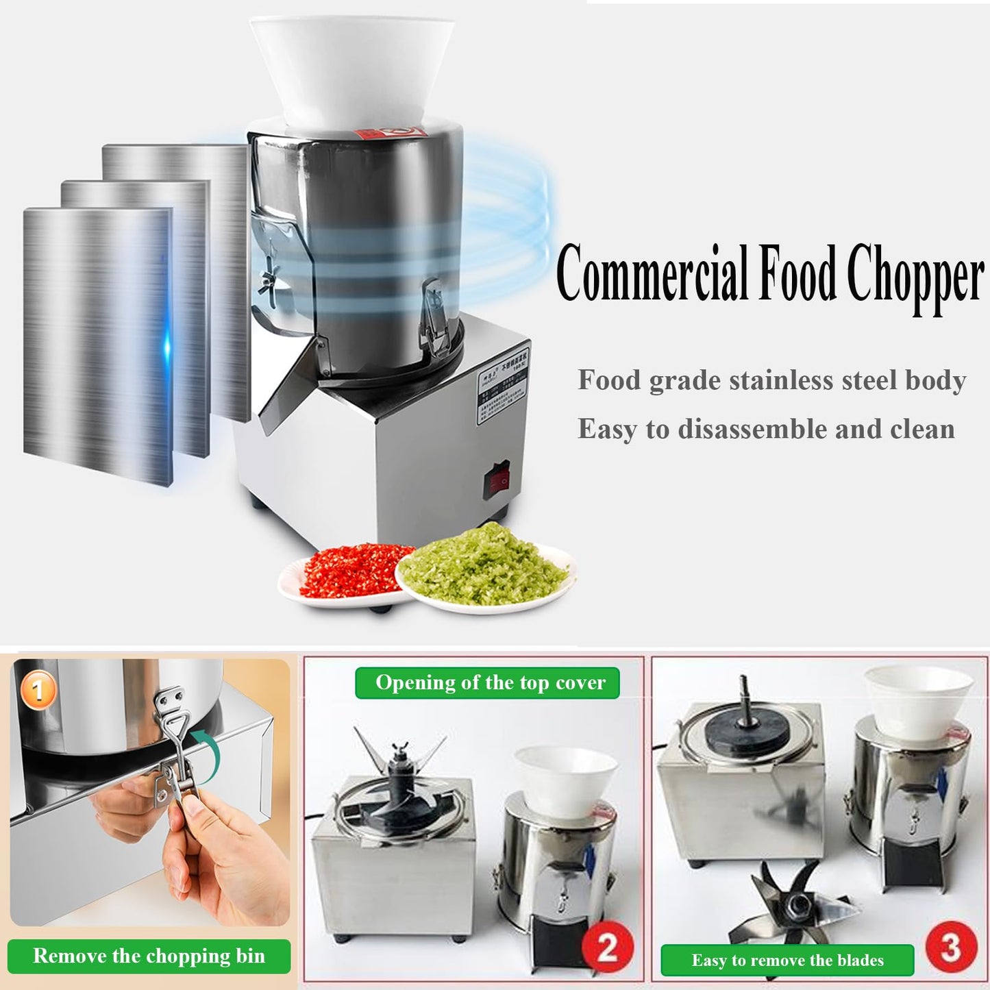 Picadora Eléctrica Profesional, Cortadora de Verduras y Picadora de Carne, Procesador de Alimentos en Acero Inoxidable, 400W, 220V, Capacidad 40-60 kg/h, Ideal para Restaurantes y Cocina Doméstica