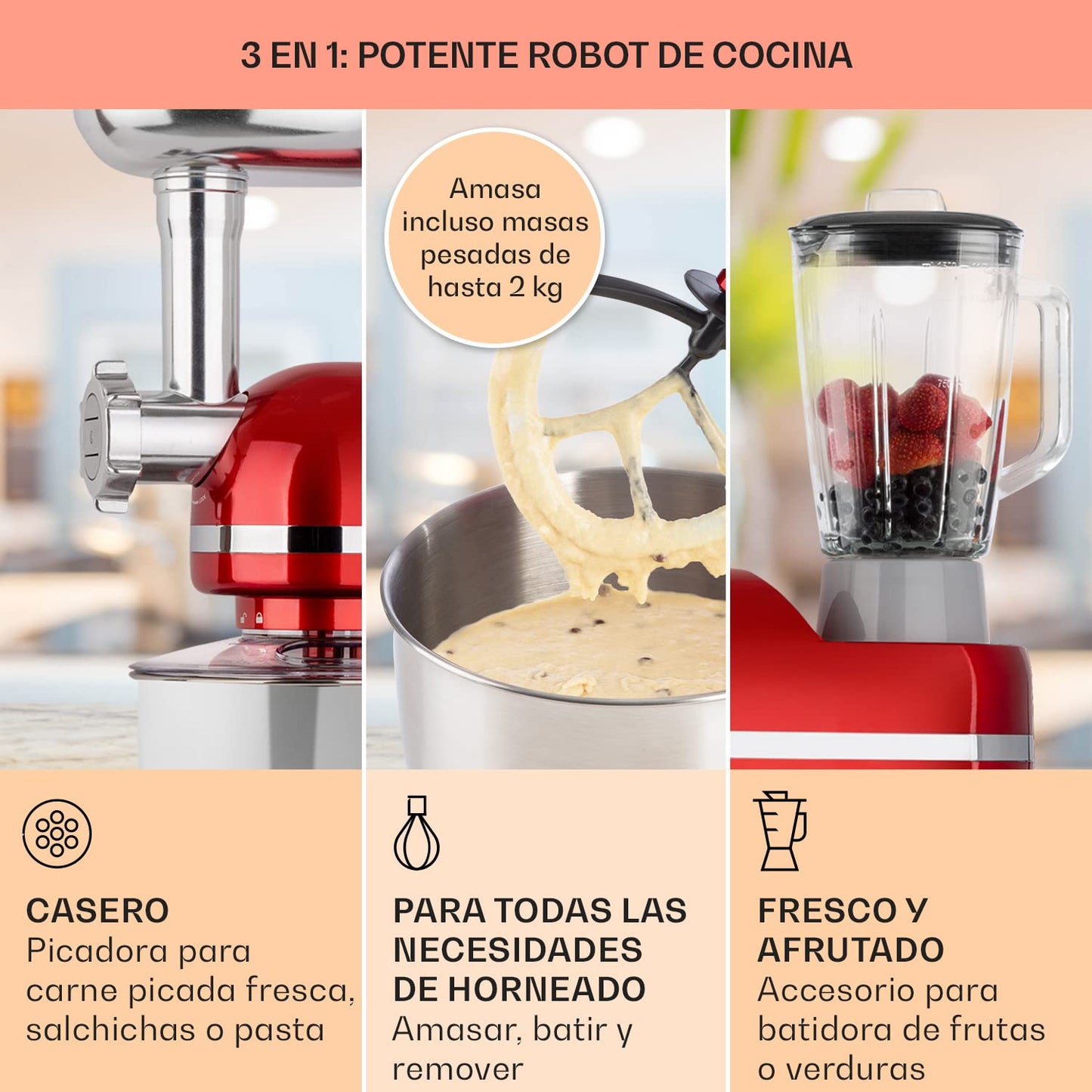 Klarstein Batidora Amasadora con Bol 5L para Hornear – Robot de Cocina 1800W con Picadora de Carne, Gancho y Bol para Mezclar, Licuadora 1,5L, 6 Velocidades para Postres y Panadería