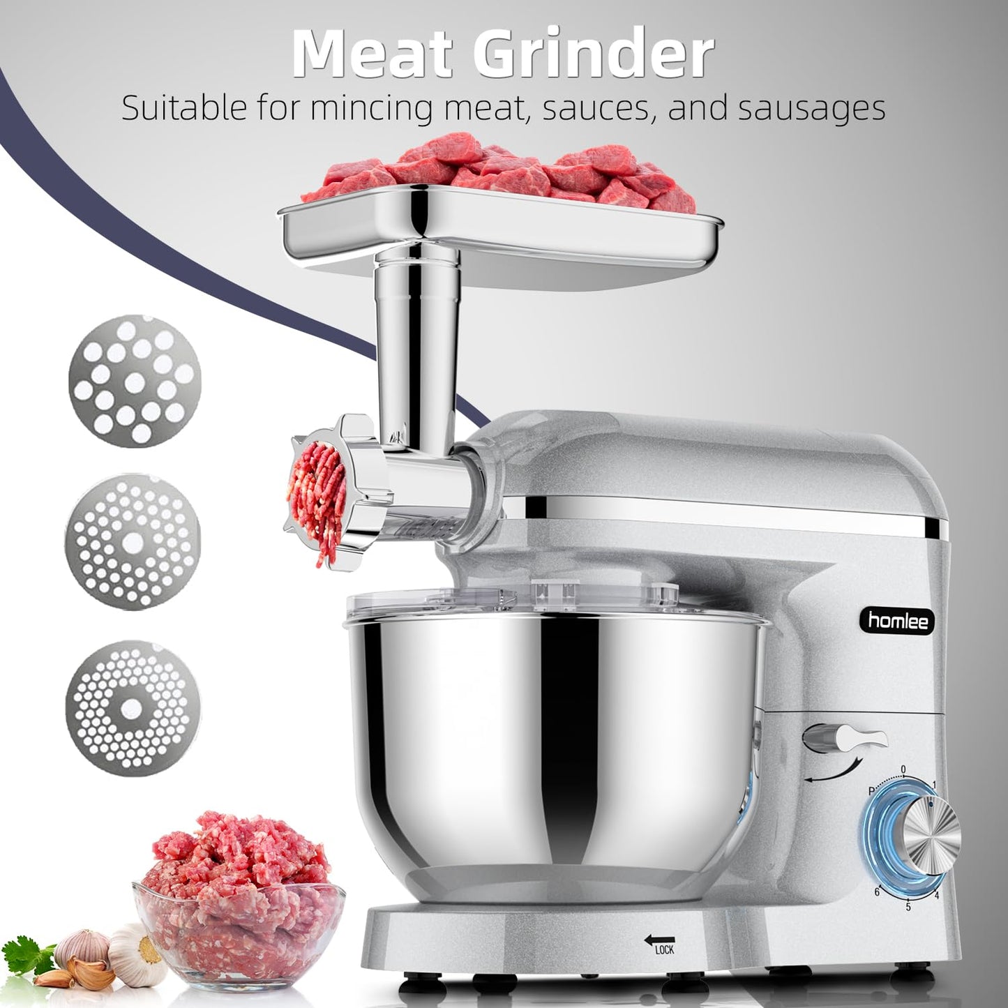 Homlee Robot de Cocina 3 en 1 con Picadora de Carne y Batidora – 2000W, Amasadora Multifunción, Cuenco de Acero Inoxidable 5.5L, Exprimidor 1.5L, 6 Niveles de Velocidad