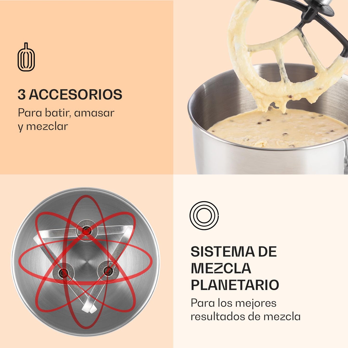 Klarstein Batidora Amasadora con Bol 5L para Hornear – Robot de Cocina 1800W con Picadora de Carne, Gancho y Bol para Mezclar, Licuadora 1,5L, 6 Velocidades para Postres y Panadería