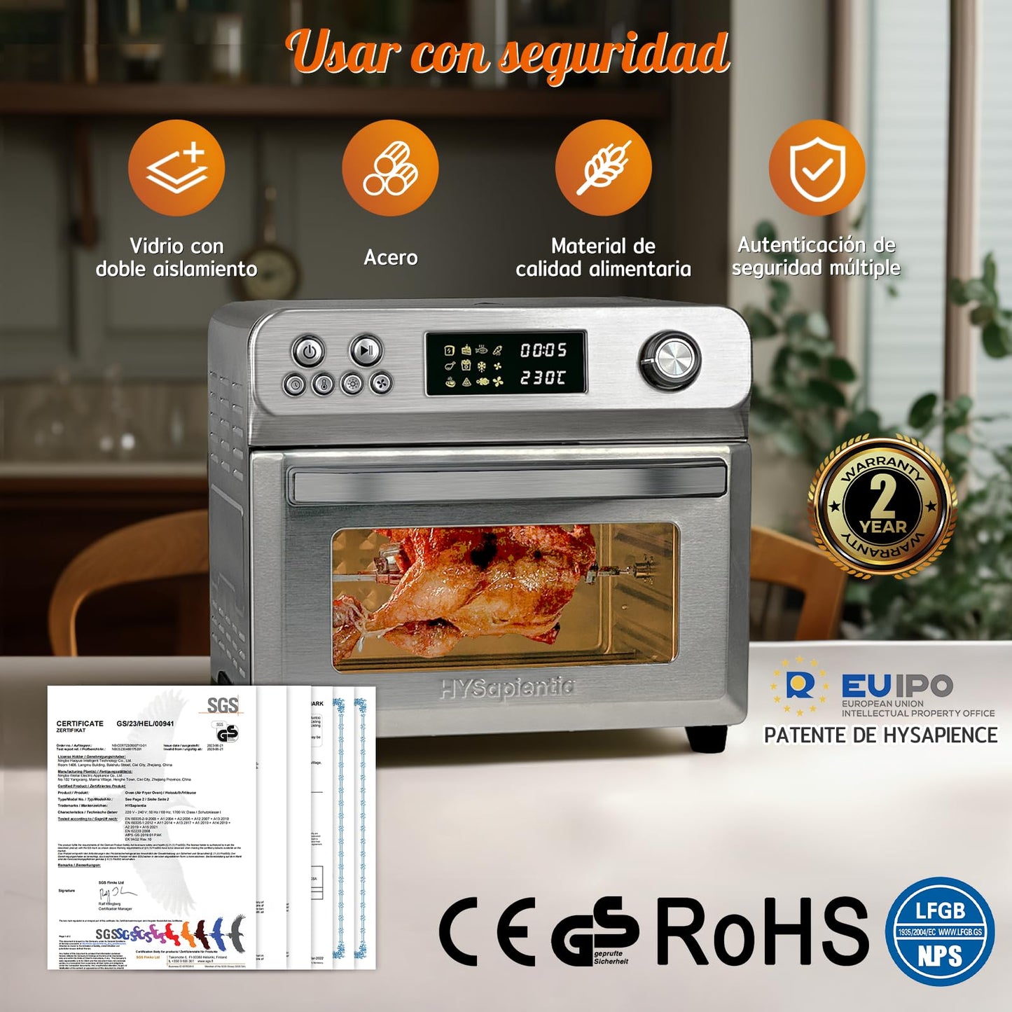 Horno Freidora de Aire HYSapientia 24L - 1800W, 10 Programas, 8 Accesorios, Sin Aceite