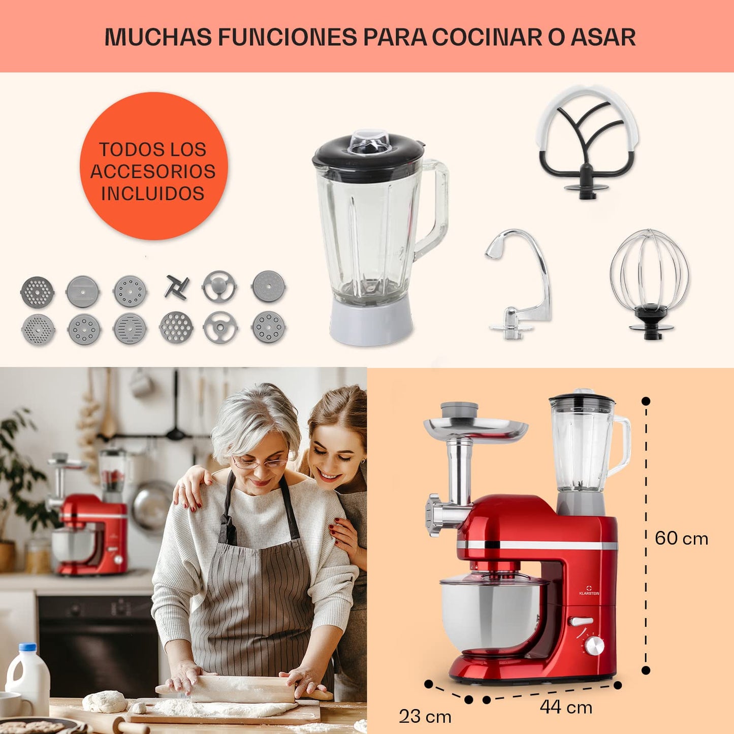 Klarstein Batidora Amasadora con Bol 5L para Hornear – Robot de Cocina 1800W con Picadora de Carne, Gancho y Bol para Mezclar, Licuadora 1,5L, 6 Velocidades para Postres y Panadería
