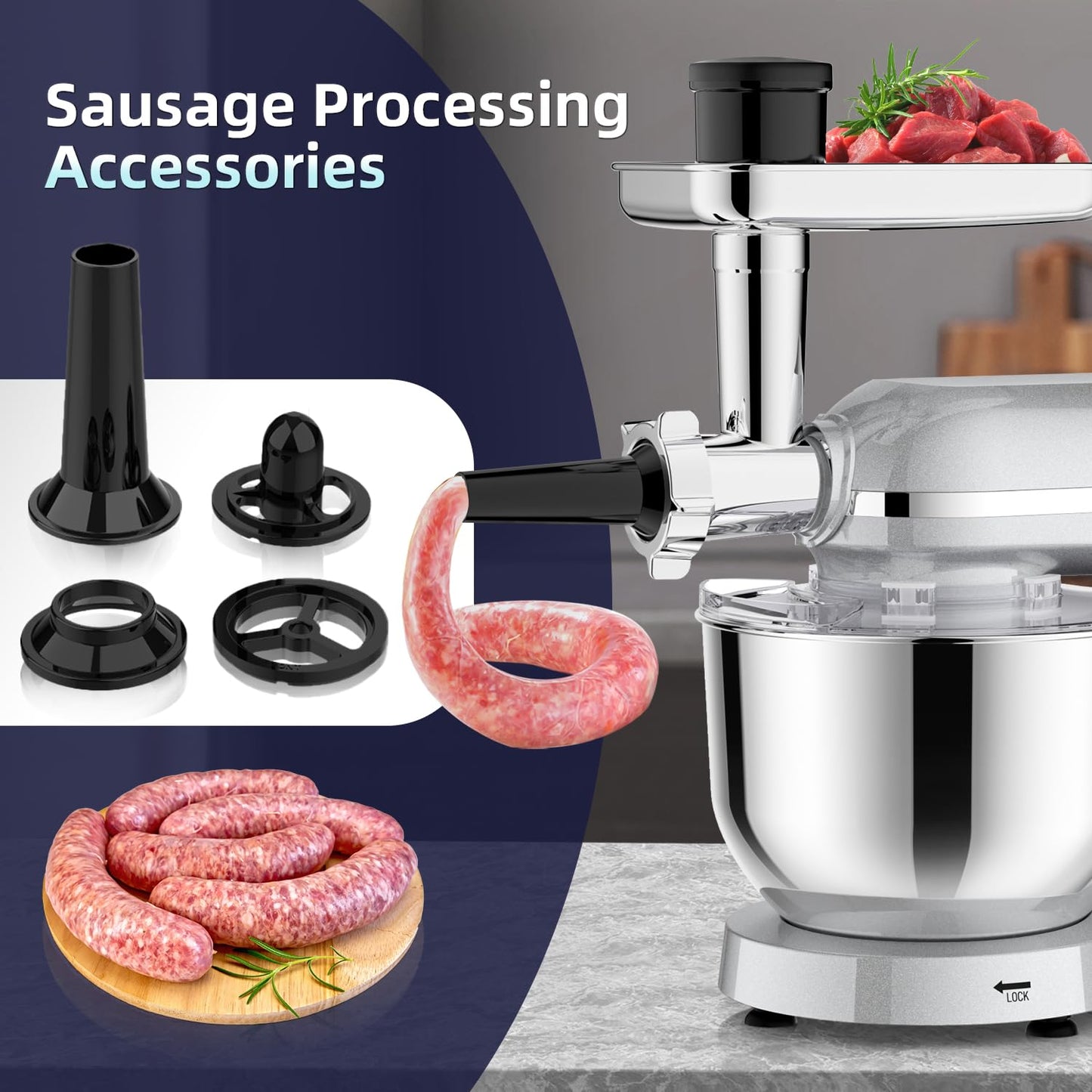 Homlee Robot de Cocina 3 en 1 con Picadora de Carne y Batidora – 2000W, Amasadora Multifunción, Cuenco de Acero Inoxidable 5.5L, Exprimidor 1.5L, 6 Niveles de Velocidad