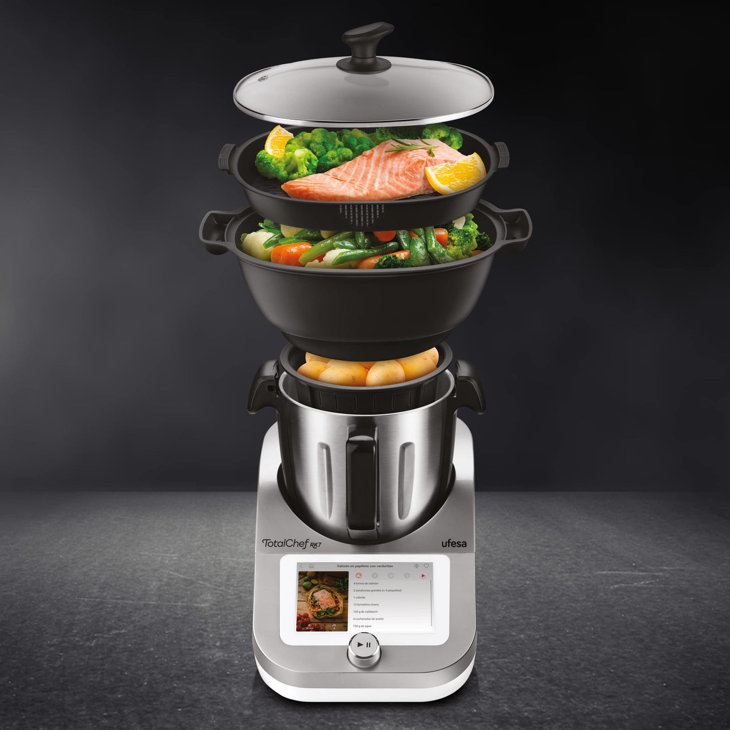 Ufesa TotalChef RK7 Robot de Cocina Inteligente Multifunción, WIFI, 30 Funciones, 4.5L, Pantalla Táctil de 7 Pulgadas, Báscula Integrada, Recetario Interactivo, Color Plata/Negro