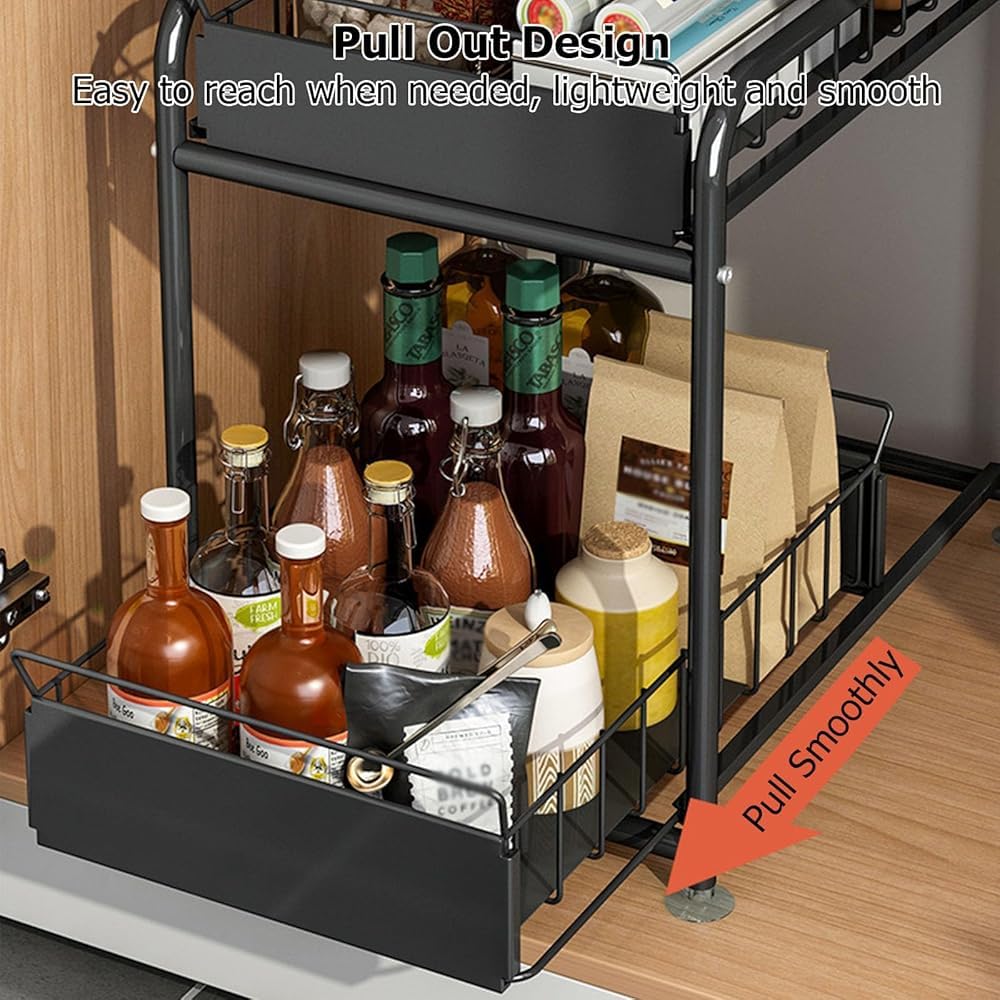 Organizador para debajo del fregadero, estante de especias de metal de 2 niveles con cajón deslizante para armarios, cocina, baño y uso de escritorio