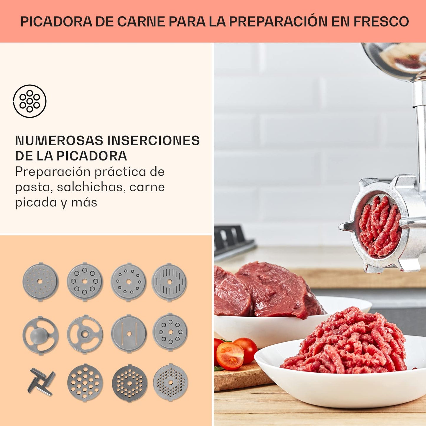 Klarstein Batidora Amasadora con Bol 5L para Hornear – Robot de Cocina 1800W con Picadora de Carne, Gancho y Bol para Mezclar, Licuadora 1,5L, 6 Velocidades para Postres y Panadería