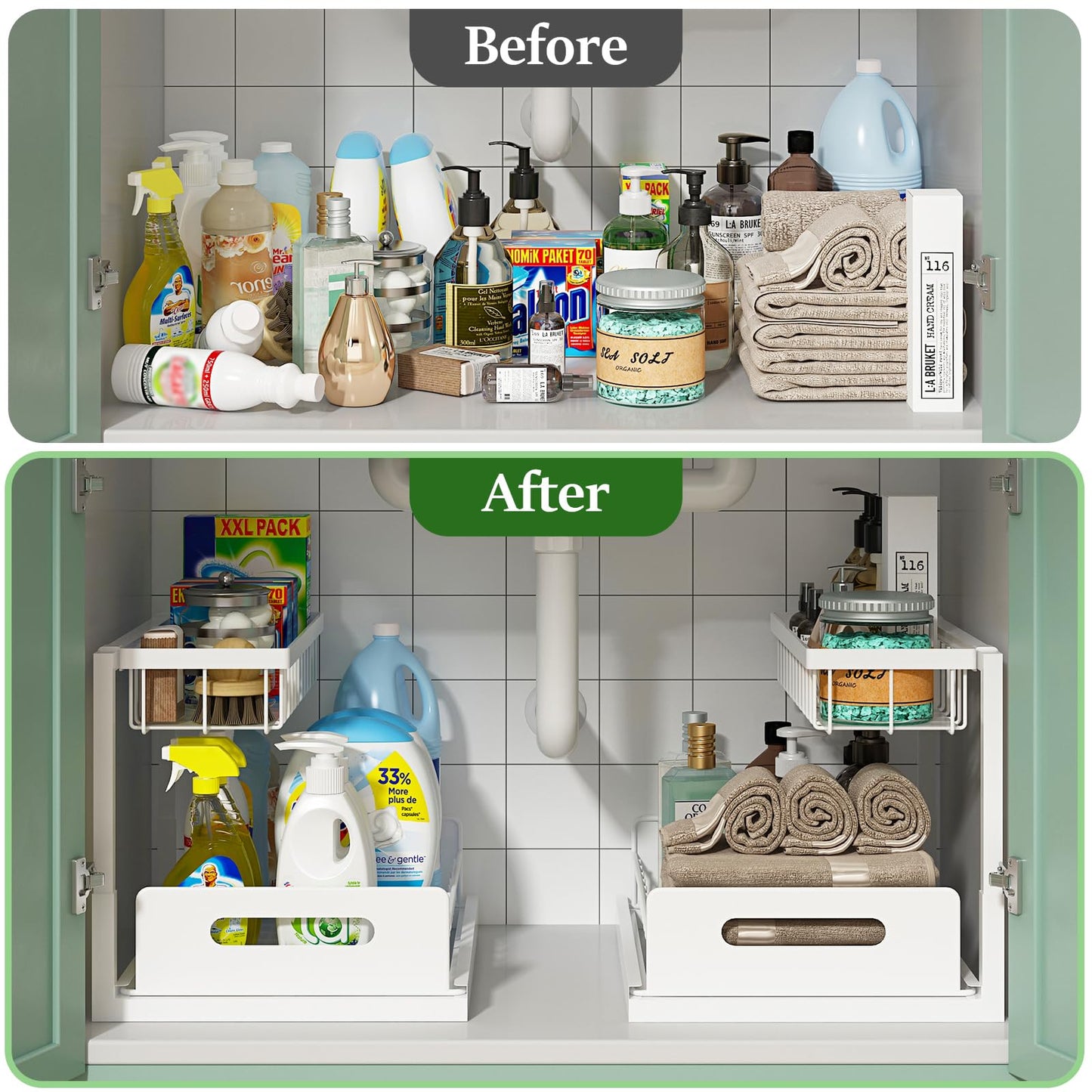 REALINN Organizador para debajo del fregadero, organizador de gabinete extraíble de 2 niveles, estantes de almacenamiento, almacenamiento debajo del fregadero para armario de cocina y baño, blanco,
