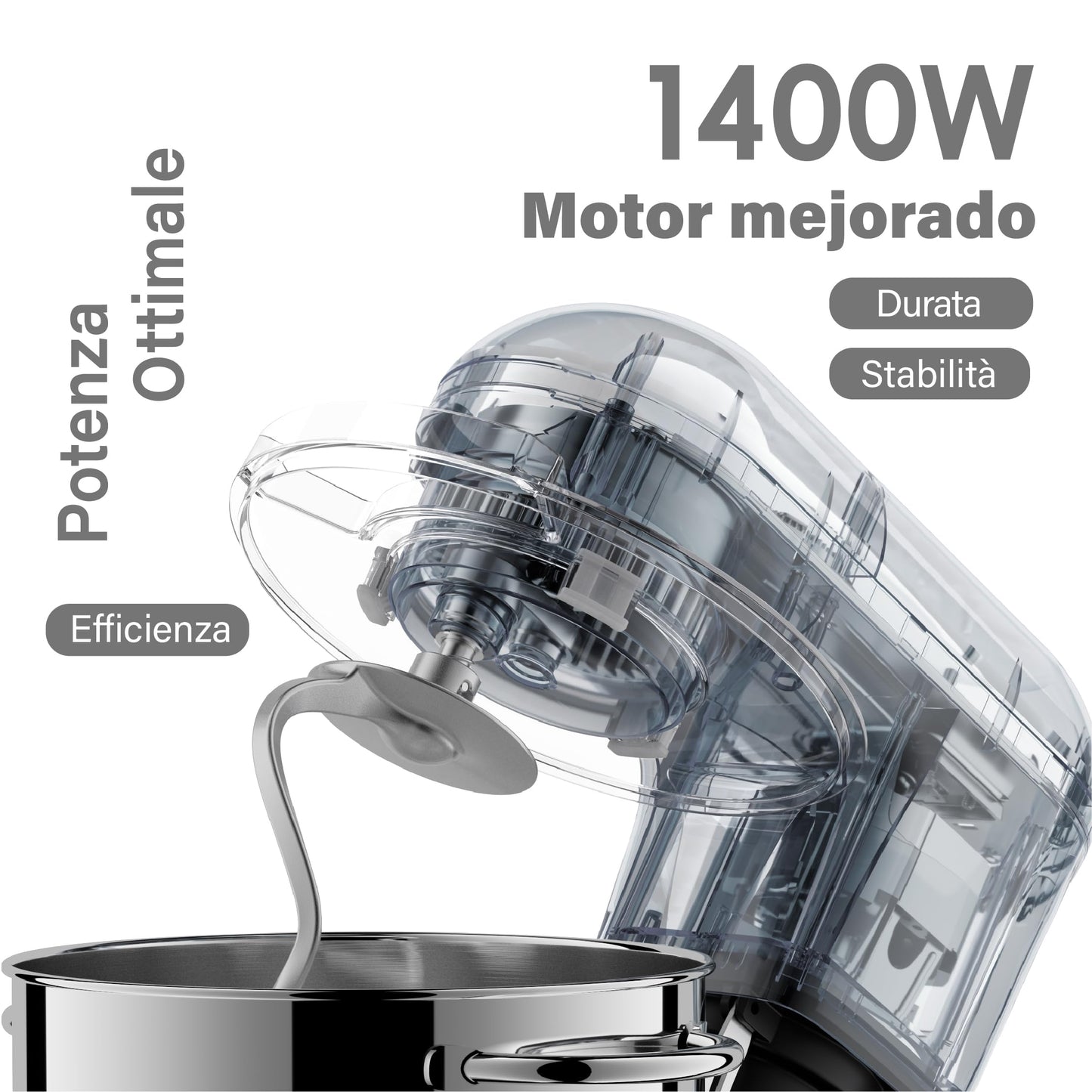 Kitchen in the box Batidora Amasadora, 7,5 L Amasadora de Pan de 1400 W, Robot de Cocina Con Batidor, Gancho Amasador, Batidora Mezcladora (Gris)