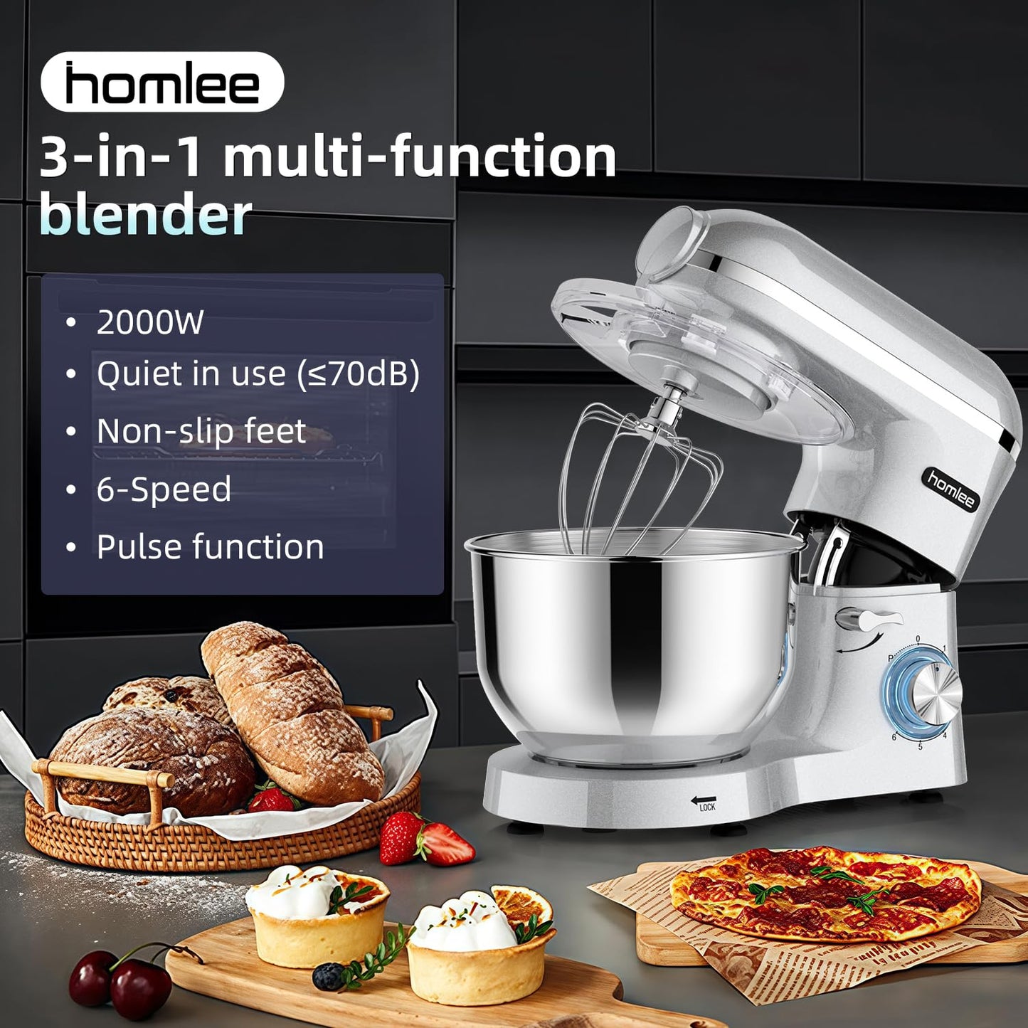 Homlee Robot de Cocina 3 en 1 con Picadora de Carne y Batidora – 2000W, Amasadora Multifunción, Cuenco de Acero Inoxidable 5.5L, Exprimidor 1.5L, 6 Niveles de Velocidad