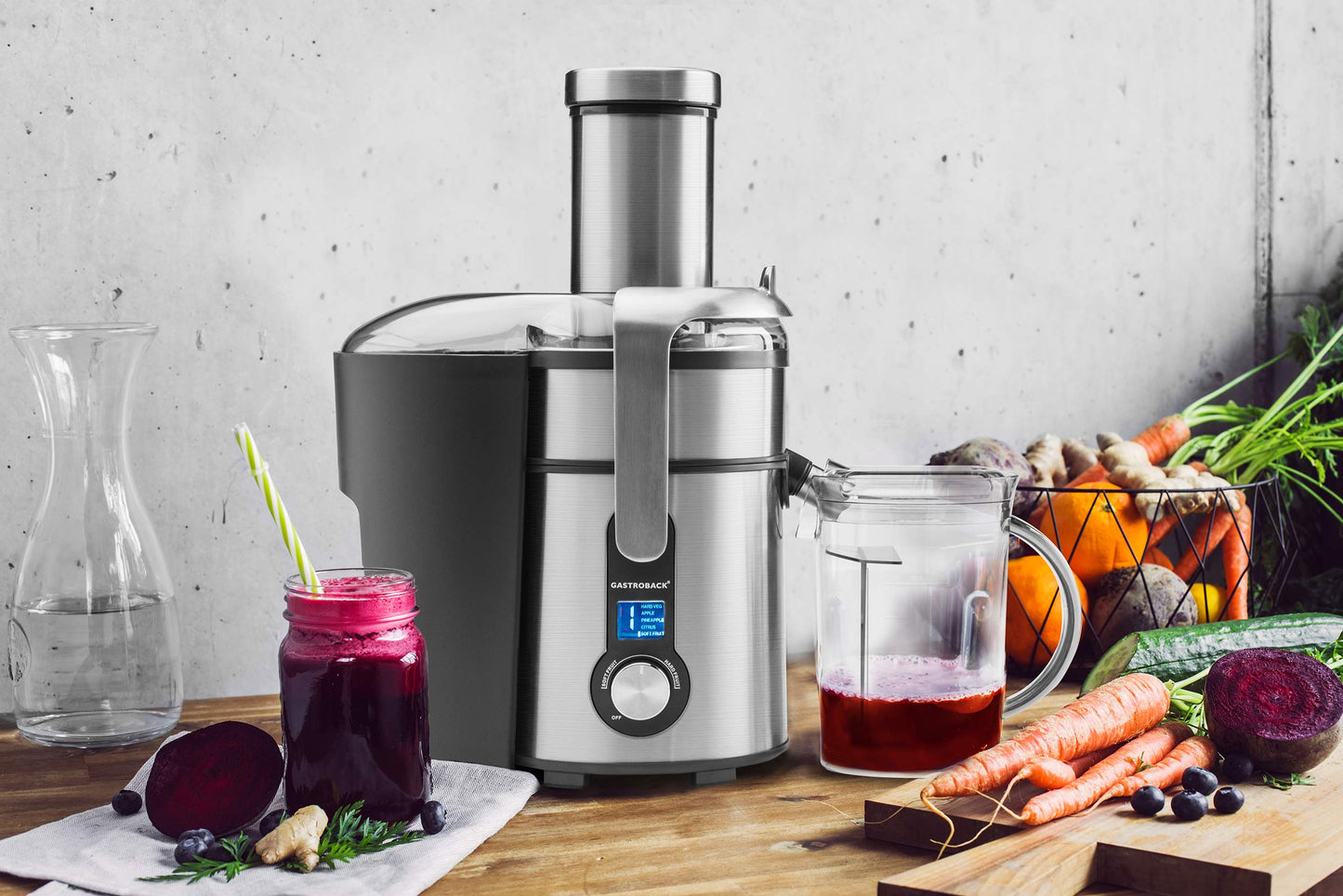Gastroback Exprimidor 40151 de diseño Multi Juicer digital, motor profesional de 1300 W, XXL, orificio de llenado (diámetro de 84 mm), 5 velocidades