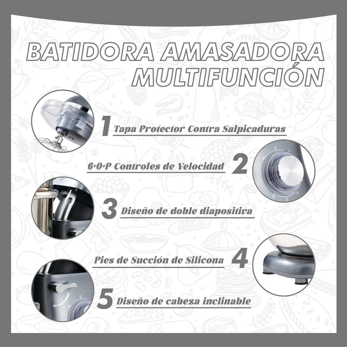 Kitchen in the box Batidora Amasadora, 7,5 L Amasadora de Pan de 1400 W, Robot de Cocina Con Batidor, Gancho Amasador, Batidora Mezcladora (Gris)