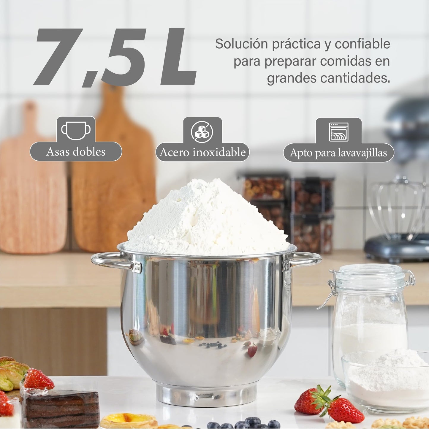 Kitchen in the box Batidora Amasadora, 7,5 L Amasadora de Pan de 1400 W, Robot de Cocina Con Batidor, Gancho Amasador, Batidora Mezcladora (Gris)
