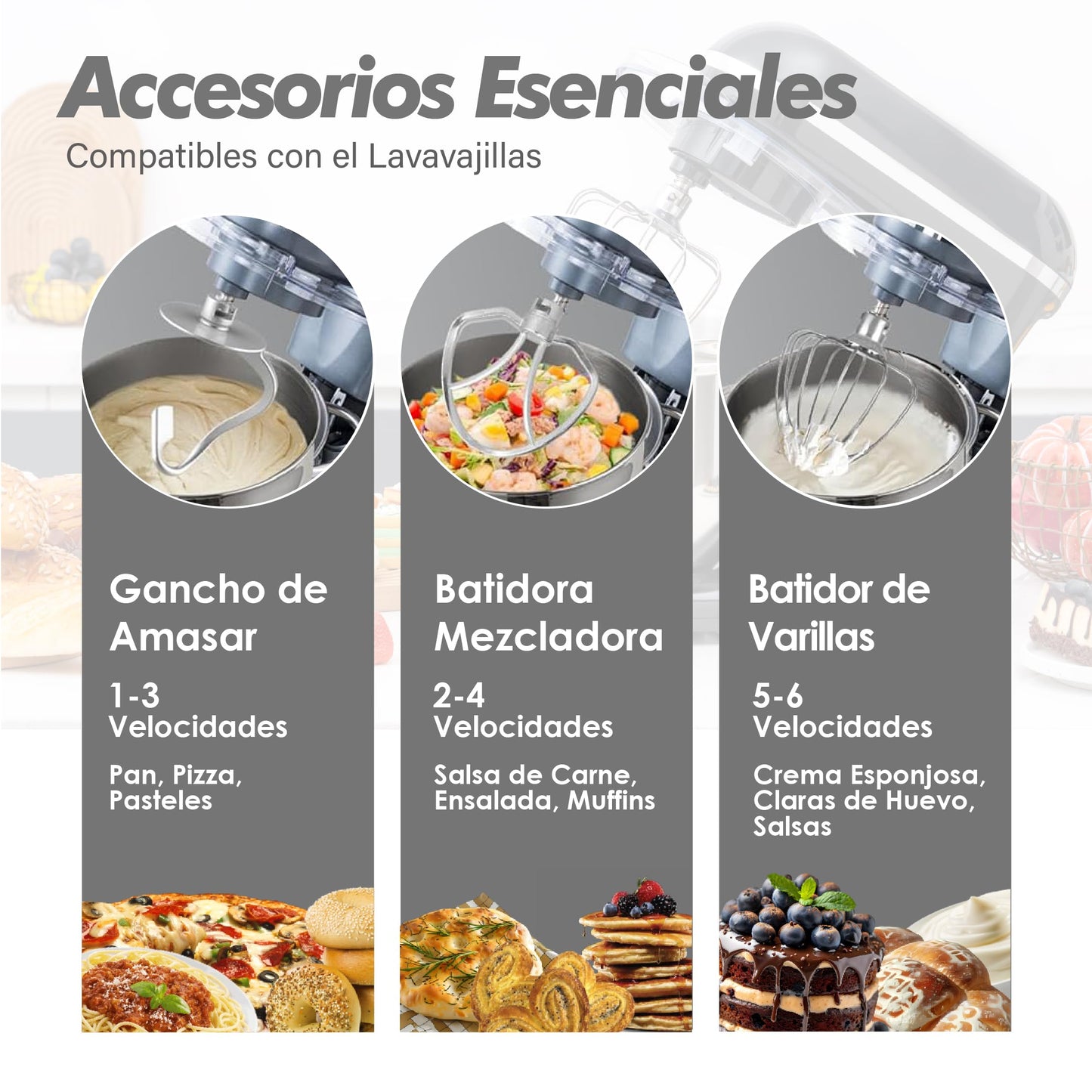 Kitchen in the box Batidora Amasadora, 7,5 L Amasadora de Pan de 1400 W, Robot de Cocina Con Batidor, Gancho Amasador, Batidora Mezcladora (Gris)