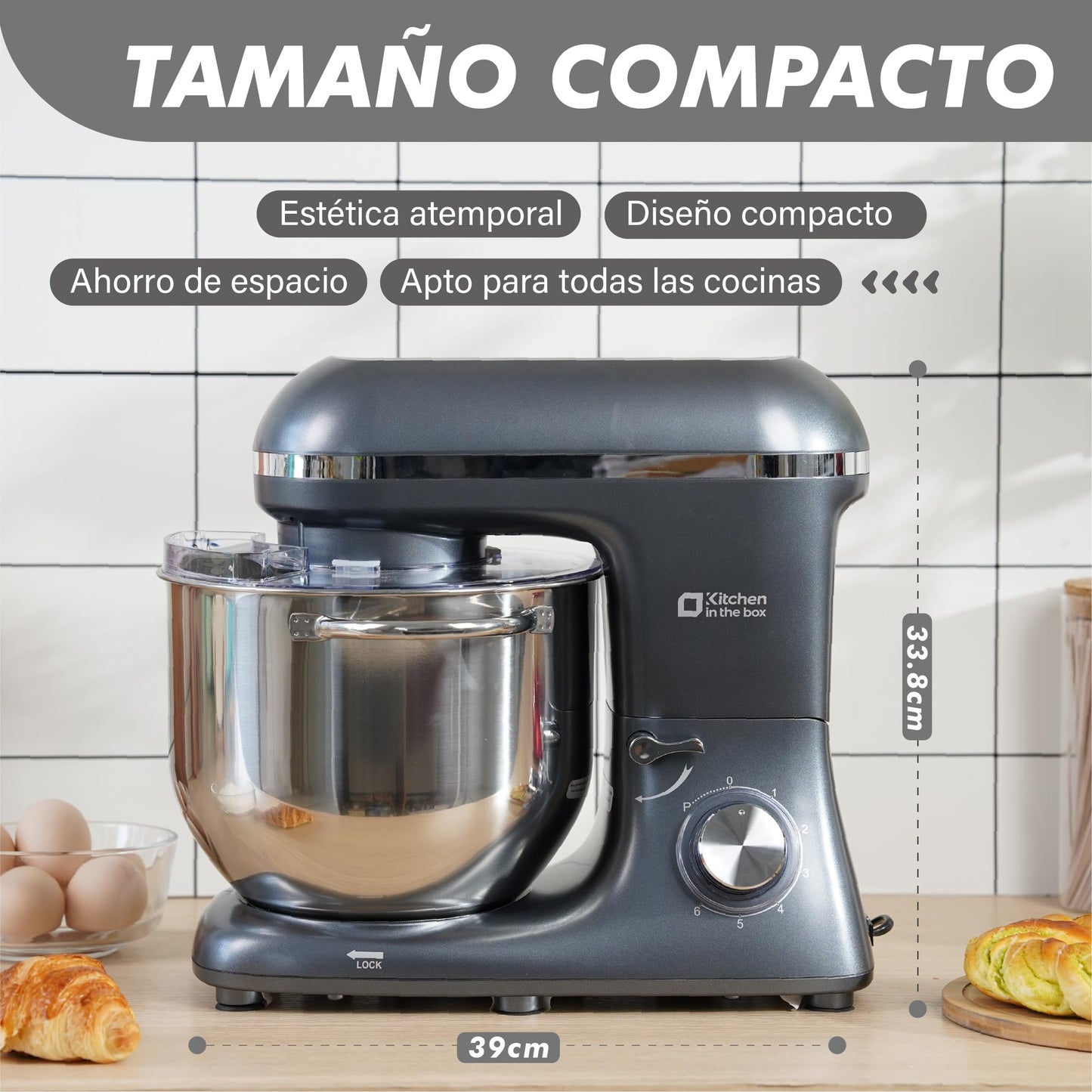Kitchen in the box Batidora Amasadora, 7,5 L Amasadora de Pan de 1400 W, Robot de Cocina Con Batidor, Gancho Amasador, Batidora Mezcladora (Gris)