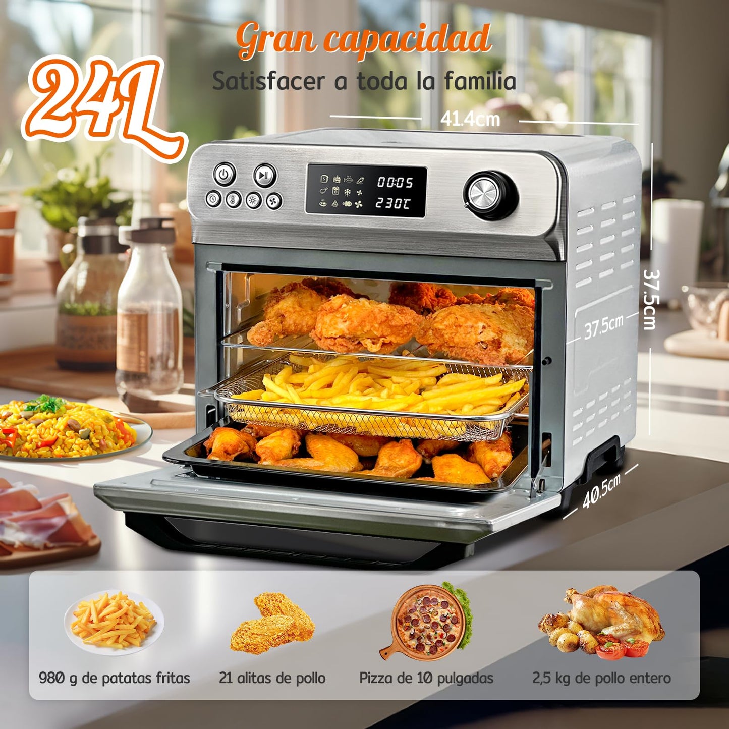 Horno Freidora de Aire HYSapientia 24L - 1800W, 10 Programas, 8 Accesorios, Sin Aceite
