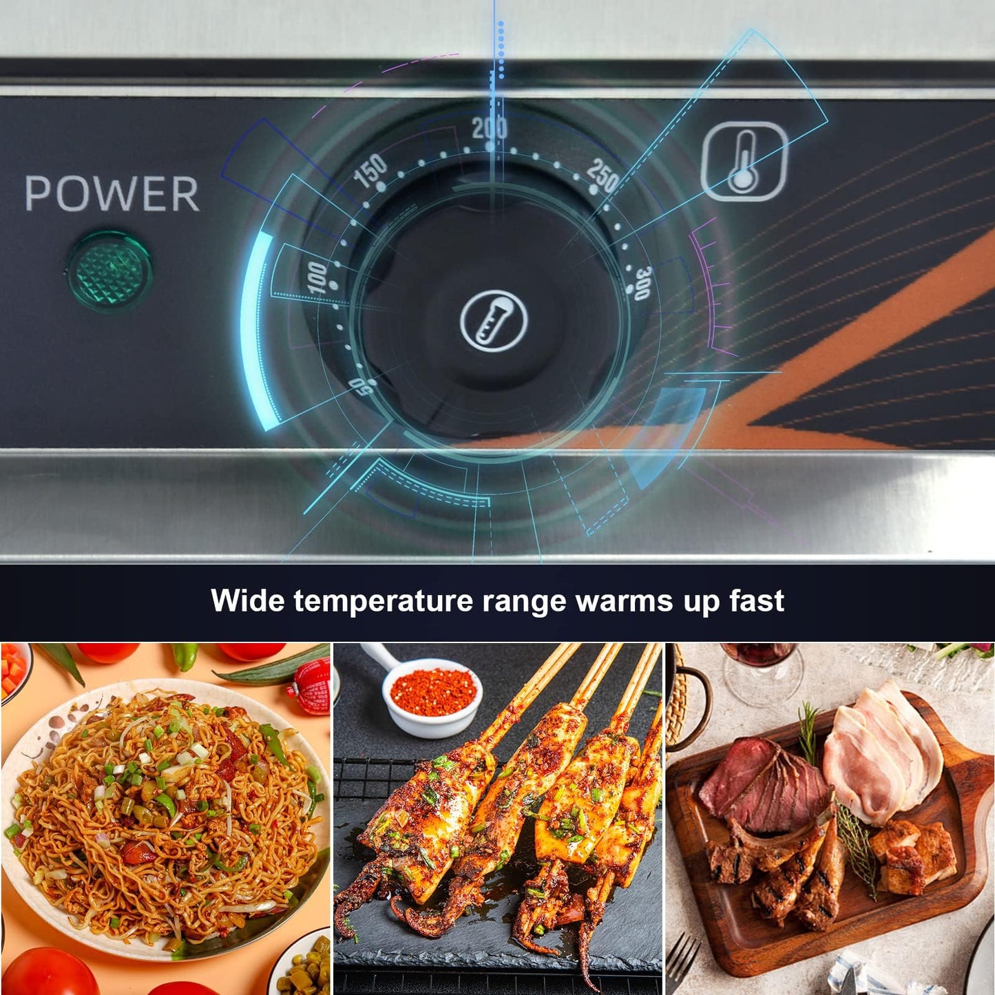 DULNICE Plancha Eléctrica Profesional de Acero Inoxidable 3000W, Cocina Eléctrica 54 x 30 cm, Temperatura Ajustable 50-300°C, con Bandeja Recoge Grasa