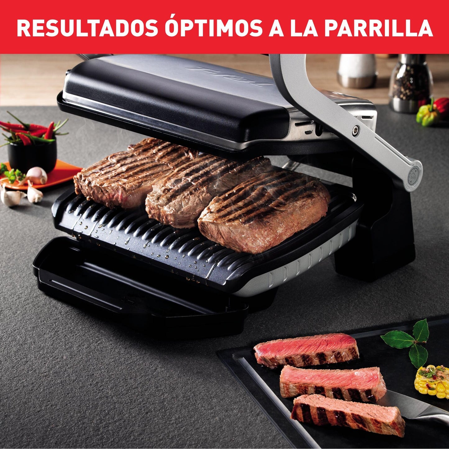 Parrilla Eléctrica Tefal Optigrill GC712D12 - 2000W, 6 Programas, Sensor de Grosor, Placas Extraíbles, Acero Inoxidable