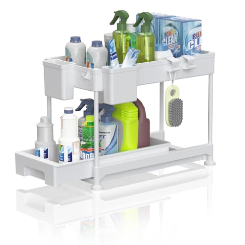 WCI Organizadores y almacenamiento debajo del fregadero para baño y cocina con organizador de armario extraíble, estante de almacenamiento deslizante para fregadero con ganchos para colgar tazas