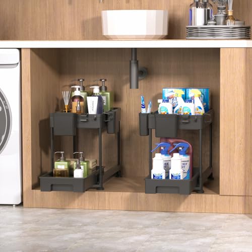 WCI Organizadores y almacenamiento debajo del fregadero para baño y cocina con organizador de armario extraíble, estante de almacenamiento deslizante para fregadero con ganchos para colgar tazas