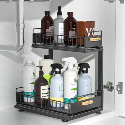 HOMEBOSILY Organizador para debajo del fregadero, organizador de gabinete de cocina extraíble, organizadores de metal de 2 niveles y almacenamiento ajustable en altura, organizadores de cocina y baño